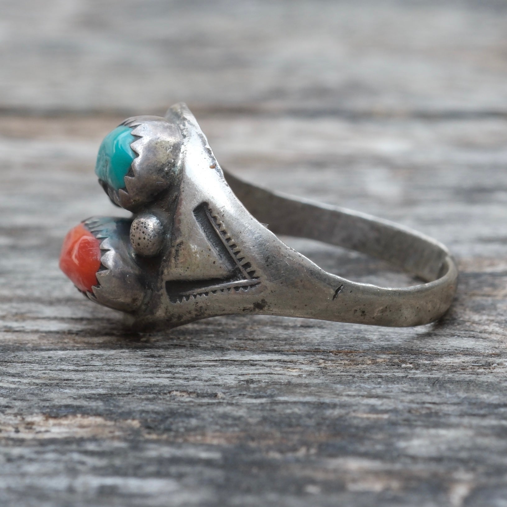 Vintage Sterling Turquoise and Coral Ring 6.25