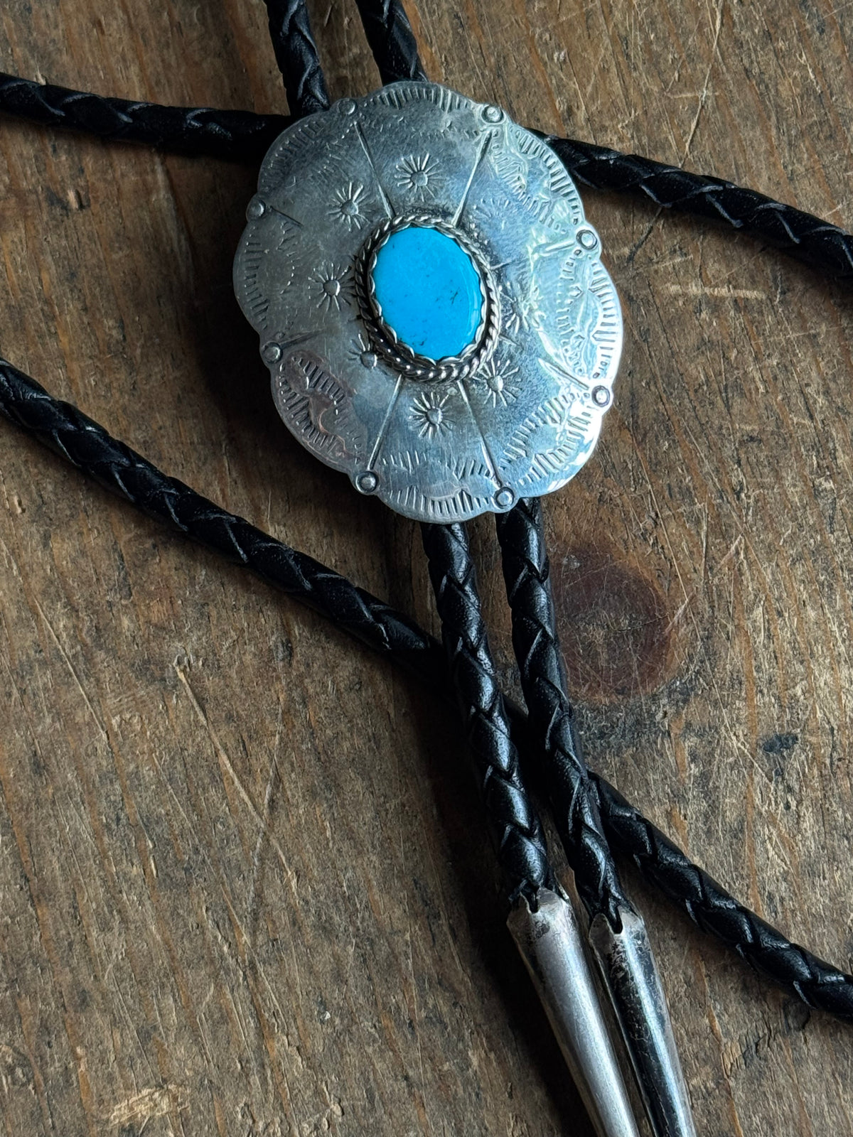 Vintage Sterling SilverTurquoise Stamped Concho Bolo