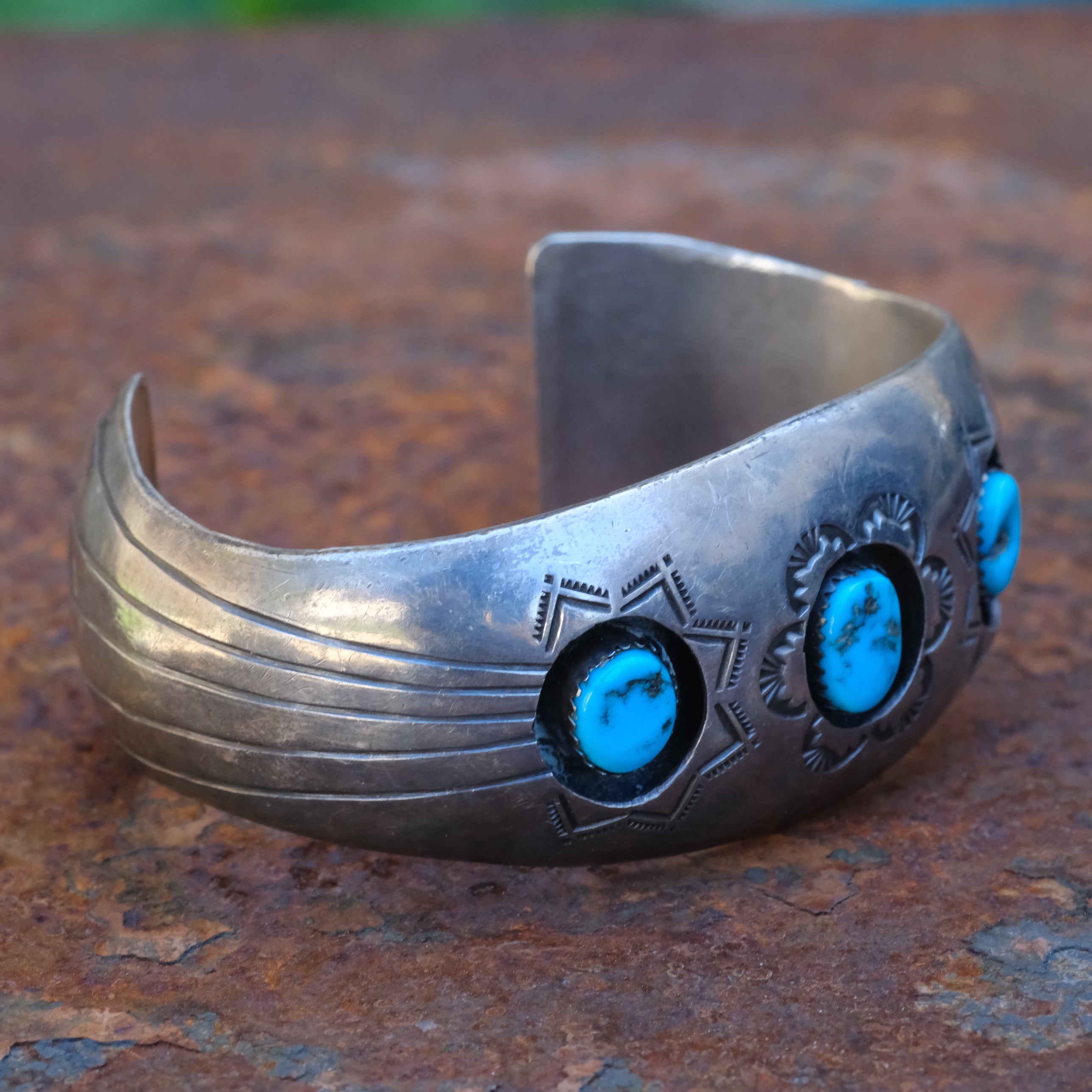 Vintage Sterling 3-Stone Turquoise Shadowbox Cuff Bracelet