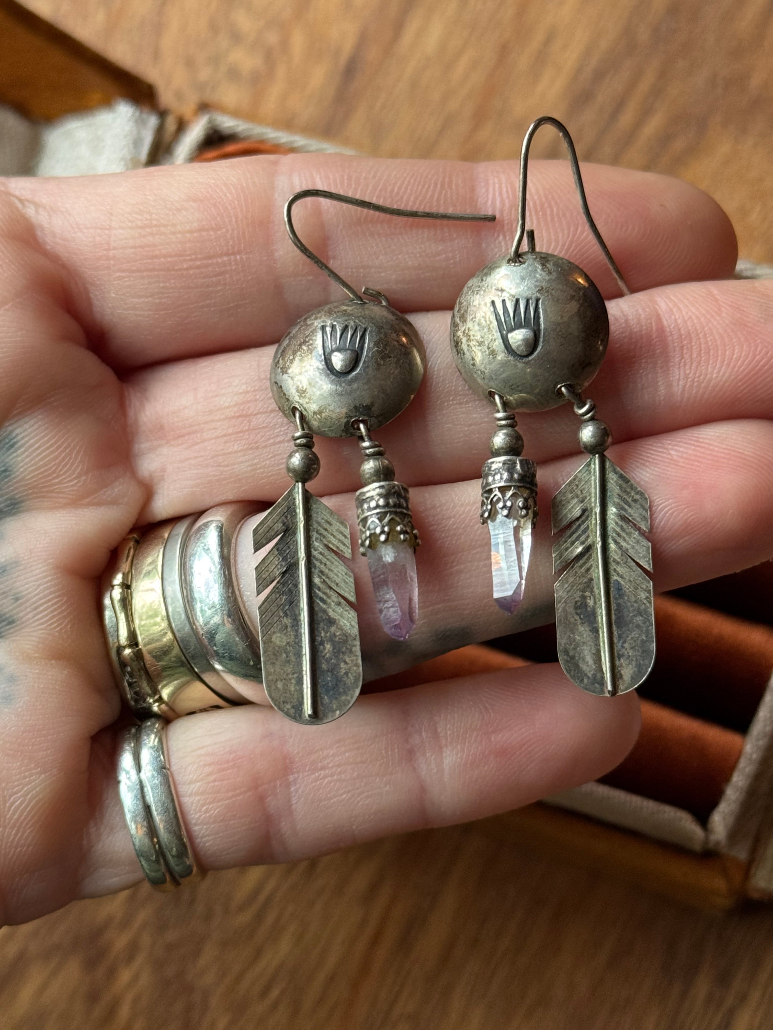 Vintage Sterling Silver Stamped Quartz Dreamcatcher Earrings