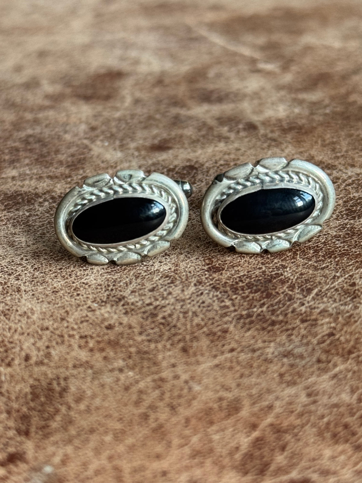 Vintage Sterling Silver Framed Onyx Cufflinks