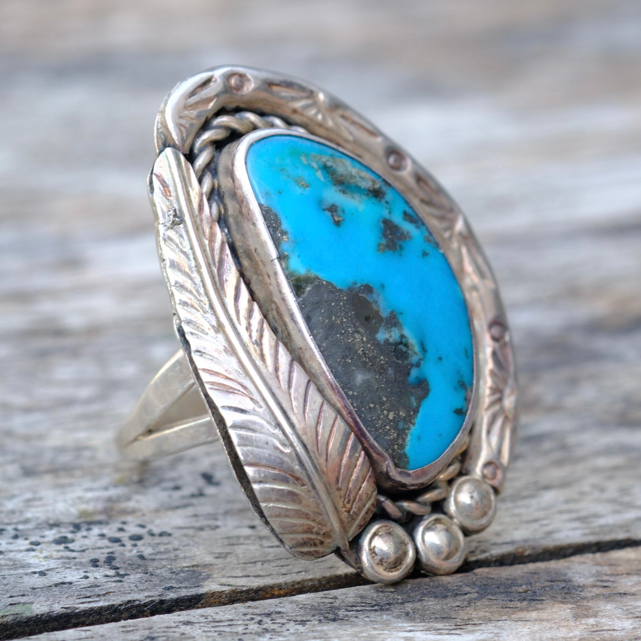 Vintage Sterling Turquoise Feather Ring 9.5