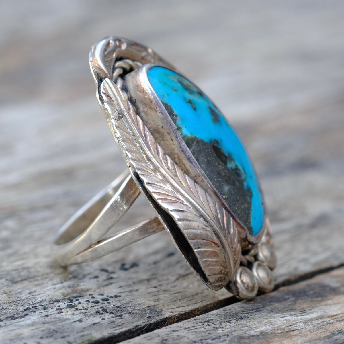 Vintage Sterling Turquoise Feather Ring 9.5