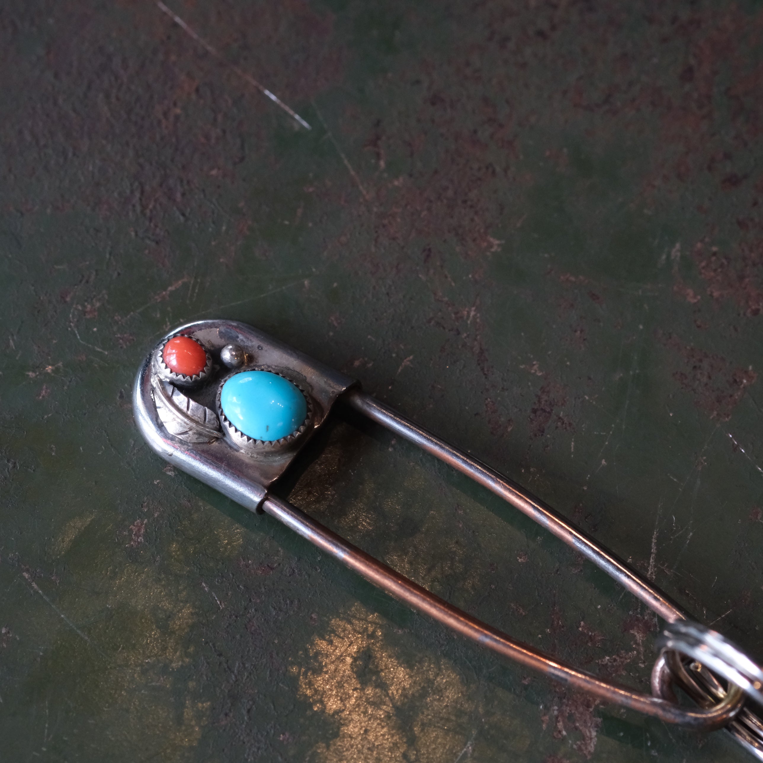 Vintage Turquoise and Coral Safety Pin Keychain 3"