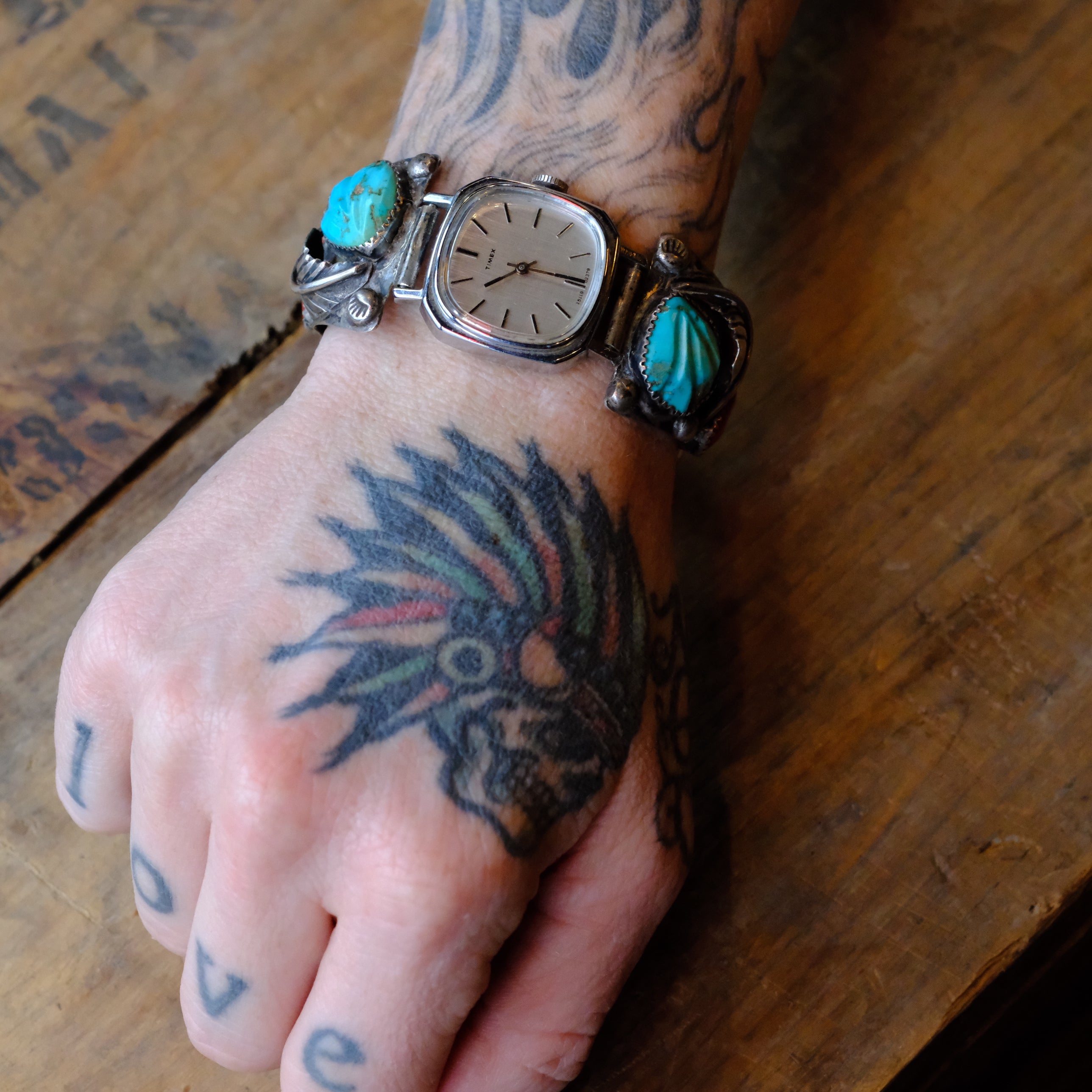 Vintage Sterling Faceted Turquoise and Coral Feather Watch