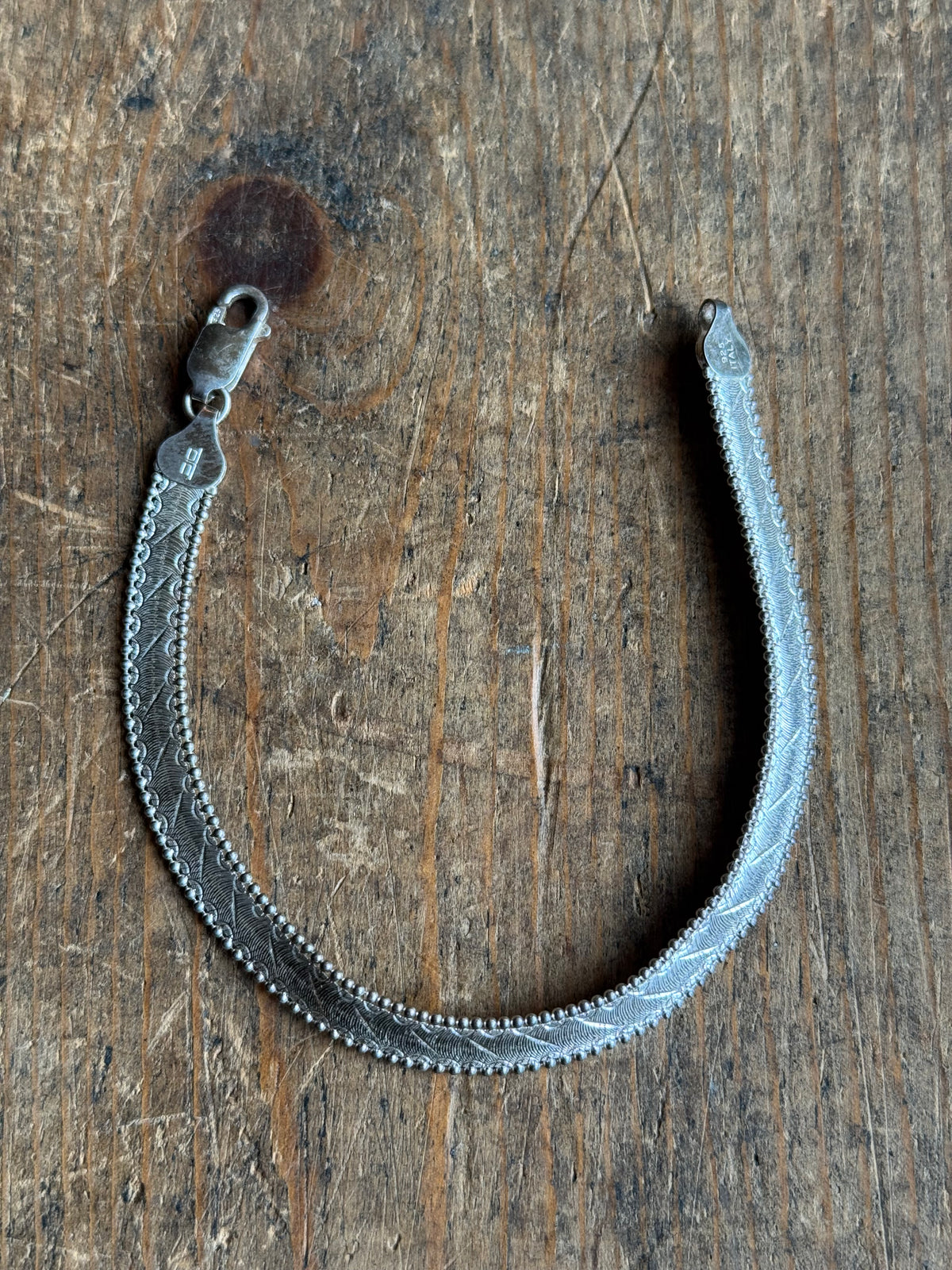 Vintage Sterling Silver Etched Herringbone Chain Bracelet