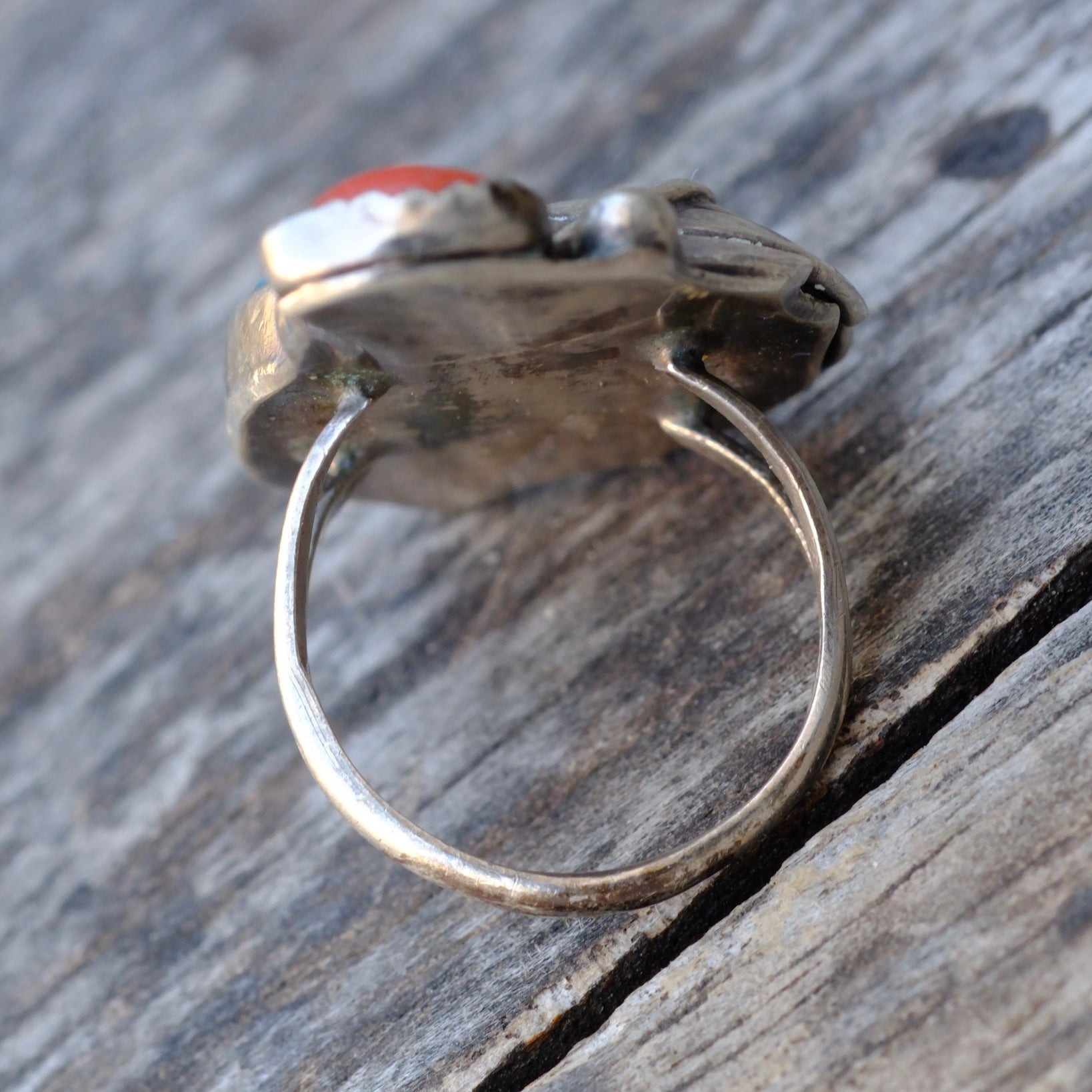 Vintage Sterling Turquoise and Coral Feather Ring 5.5