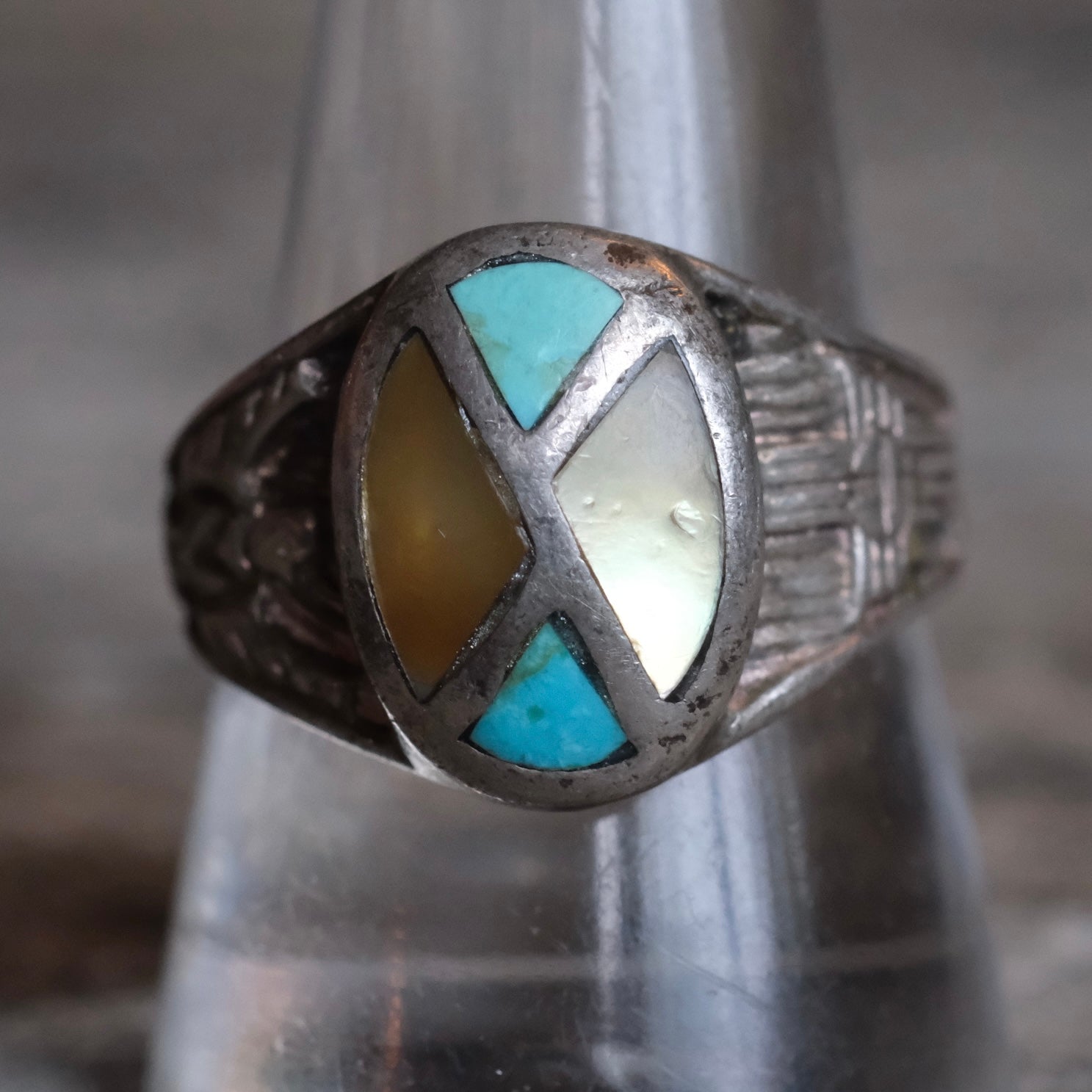 Vintage Sterling Turquoise and Mother Of Pearl Thunderbird Ring 10.25