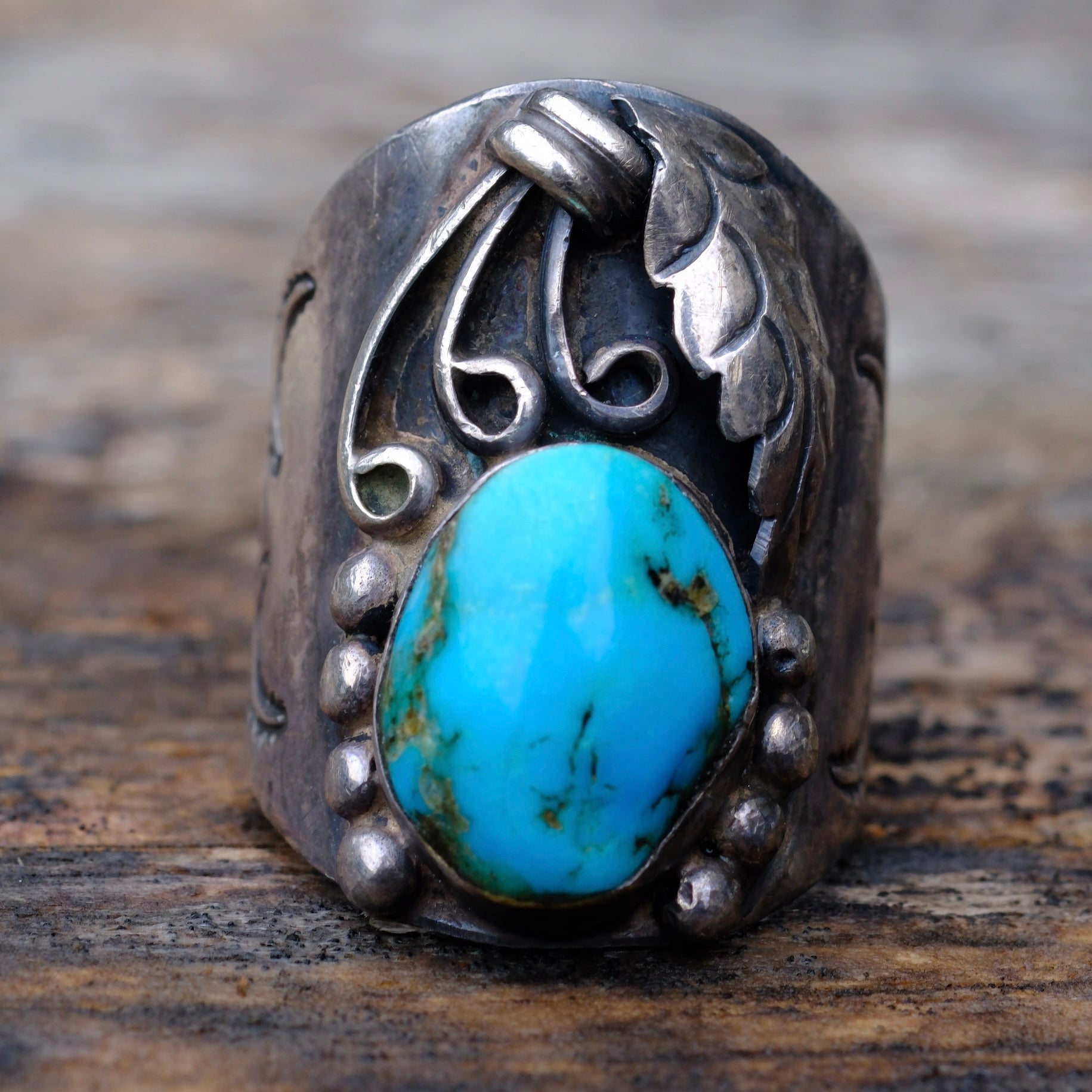 Vintage Sterling Turquoise Feather Ring 9.5