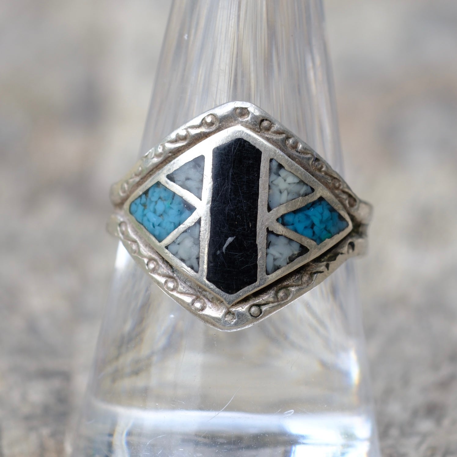 Vintage Sterling Multi Stone Inlay Ring 9