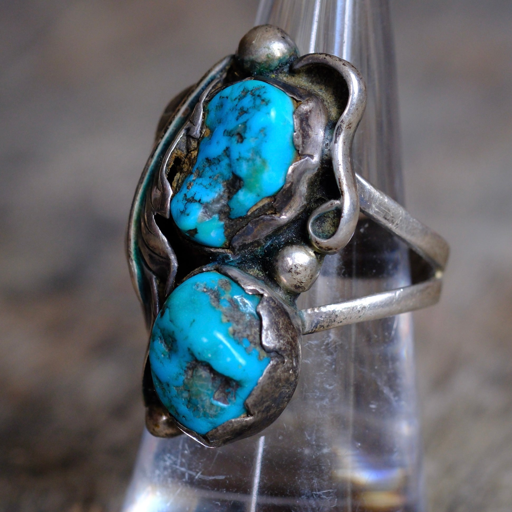 Vintage Sterling 2-Stone Turquoise Feather Ring 7.5