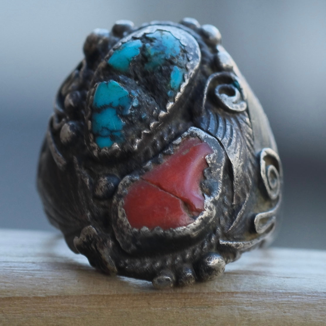 Vintage Sterling Turquoise and Coral Feather Ring 9.75