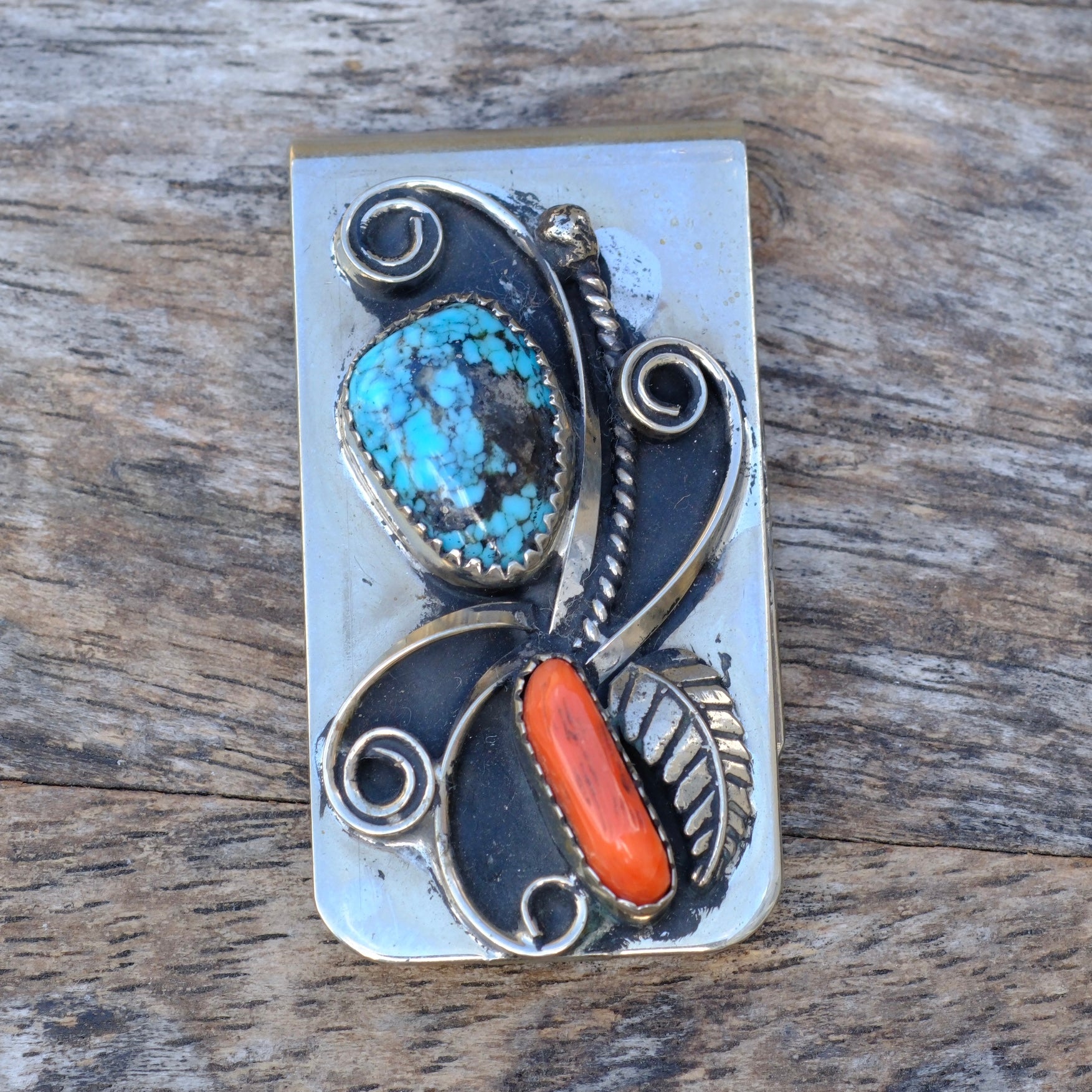 Vintage Turquoise and Coral Feather Money Clip
