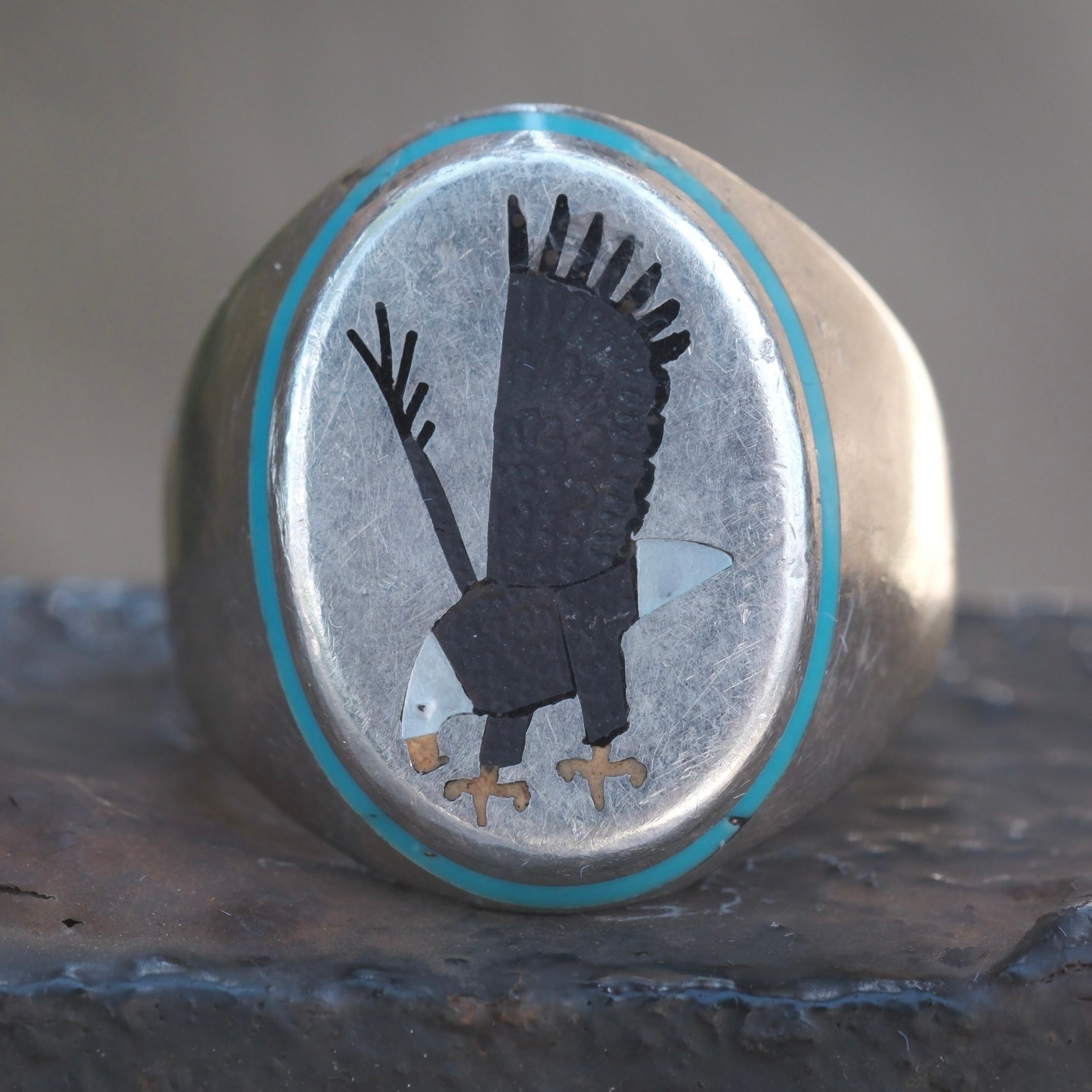 Vintage Sterling Zuni Inlay Eagle Ring 13.5