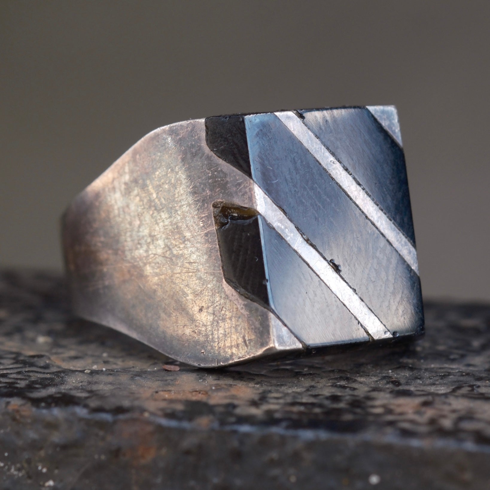Vintage Sterling Onyx Inlay Striper Ring 10