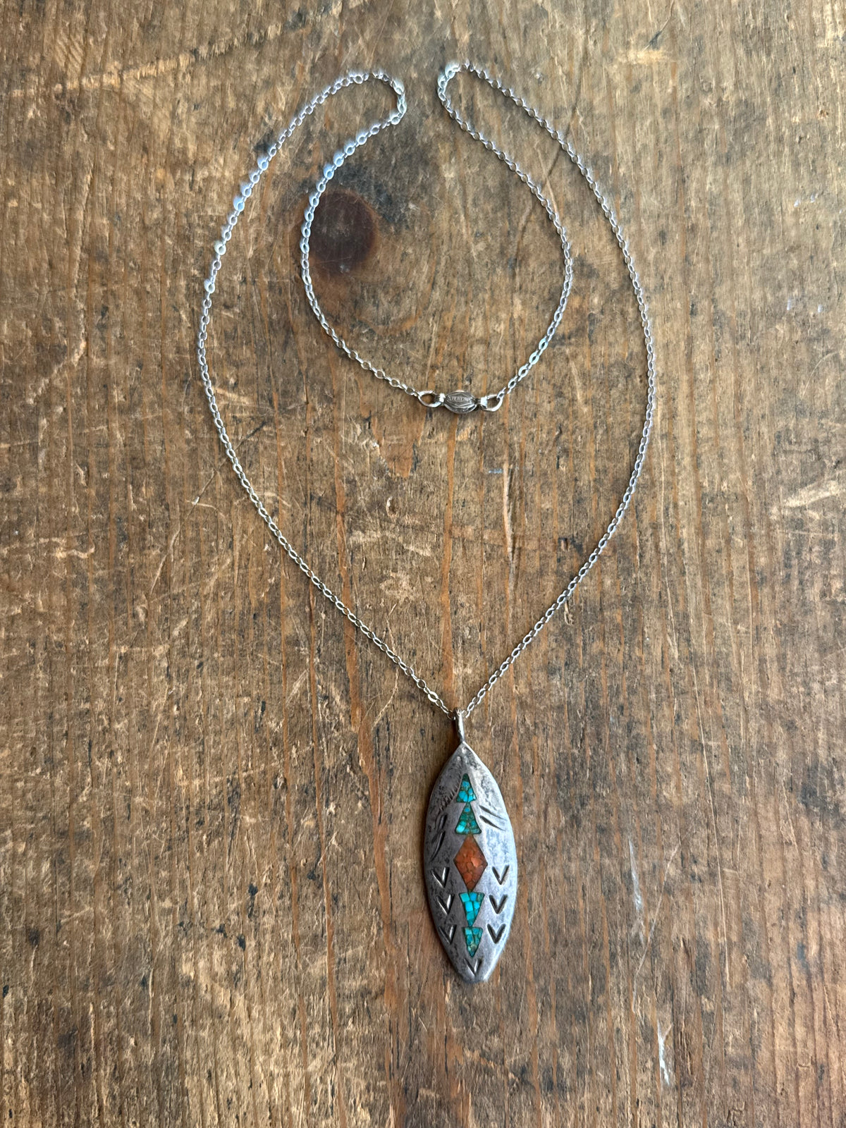 Vintage Sterling Silver Crushed Turquoise & Coral Inlay Shield Necklace