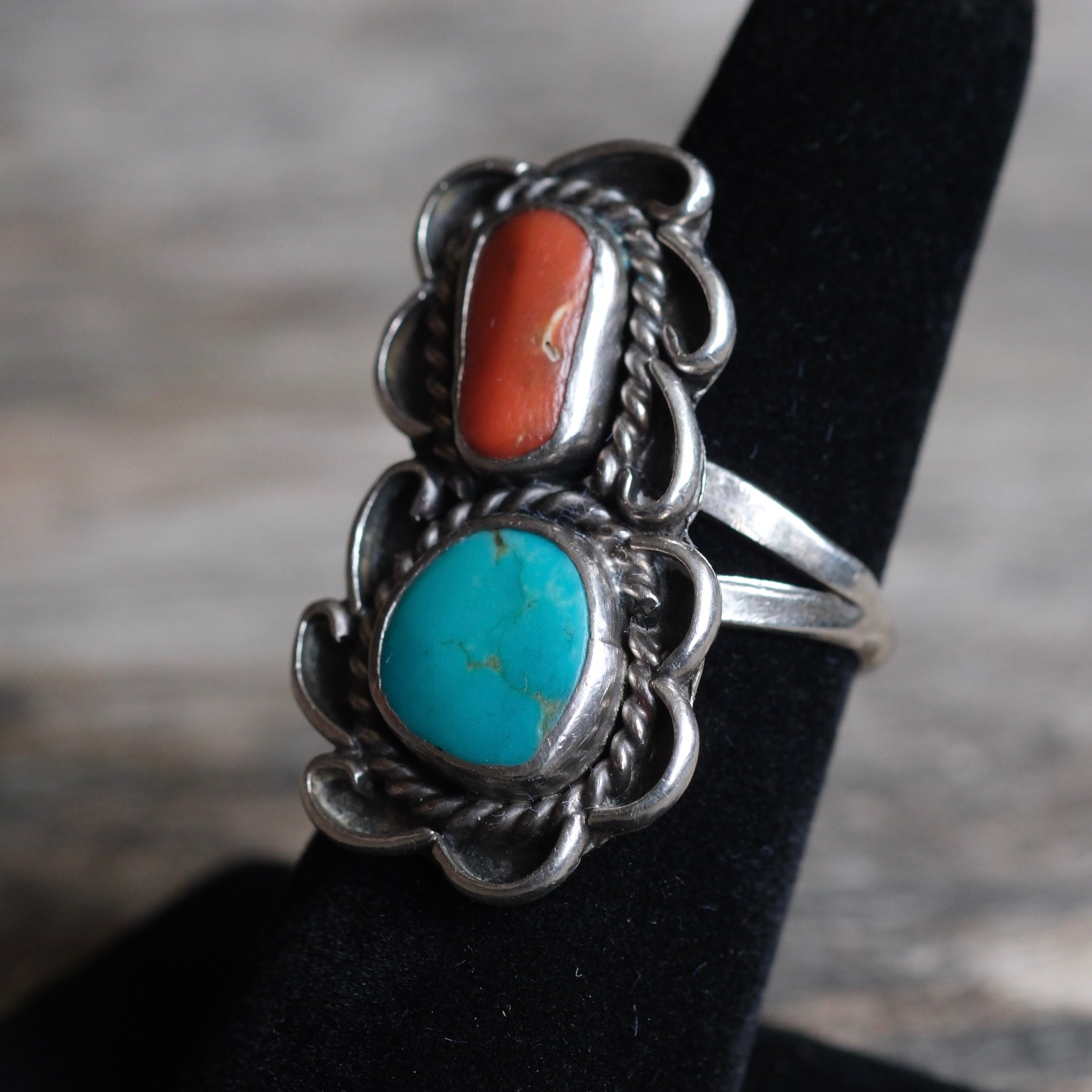 Vintage Sterling Turquoise and Coral Ring 6.25