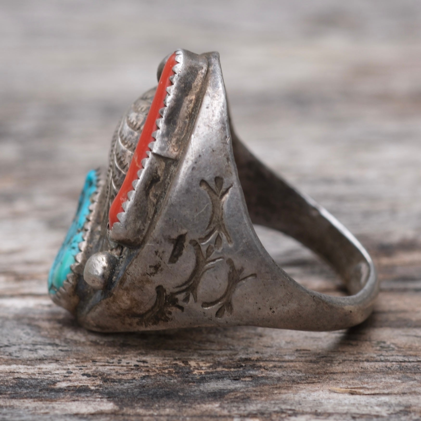 Vintage Sterling Turquoise and Coral Feather Ring 11