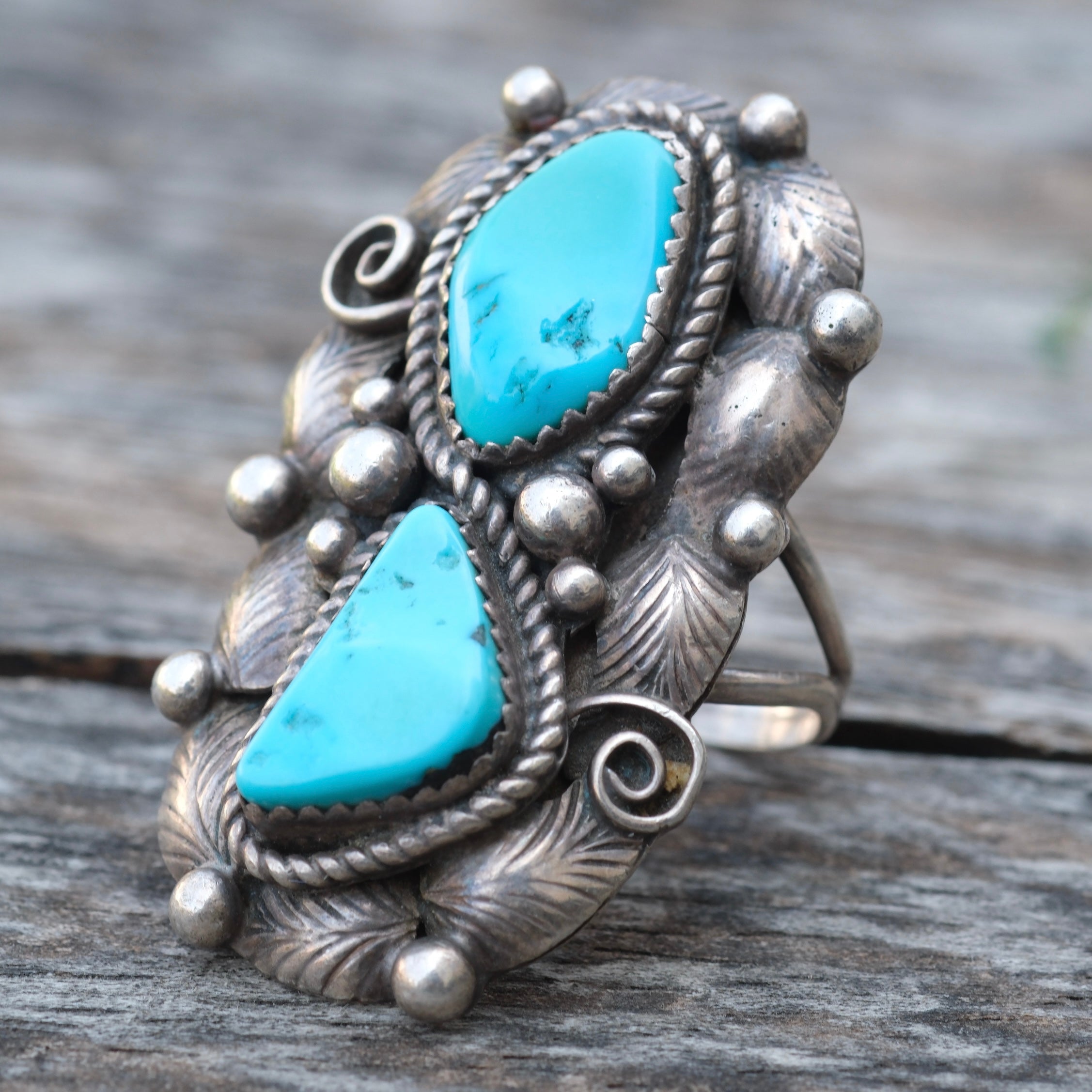 Vintage Sterling Turquoise Feather Ring 8.5