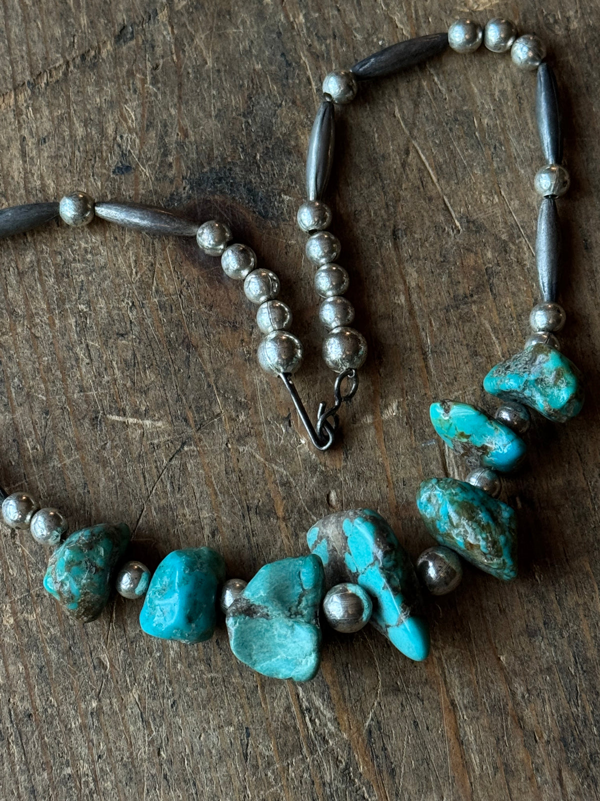 Vintage Sterling Silver Pawn Bead & Chunky Raw Turquoise Choker Necklace