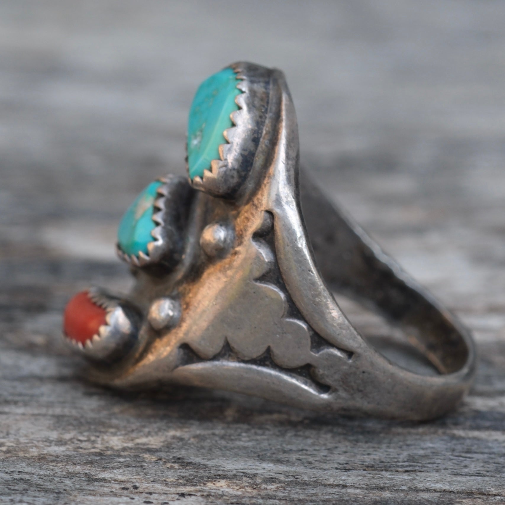 Vintage Sterling Turquoise and Coral Ring 10.25