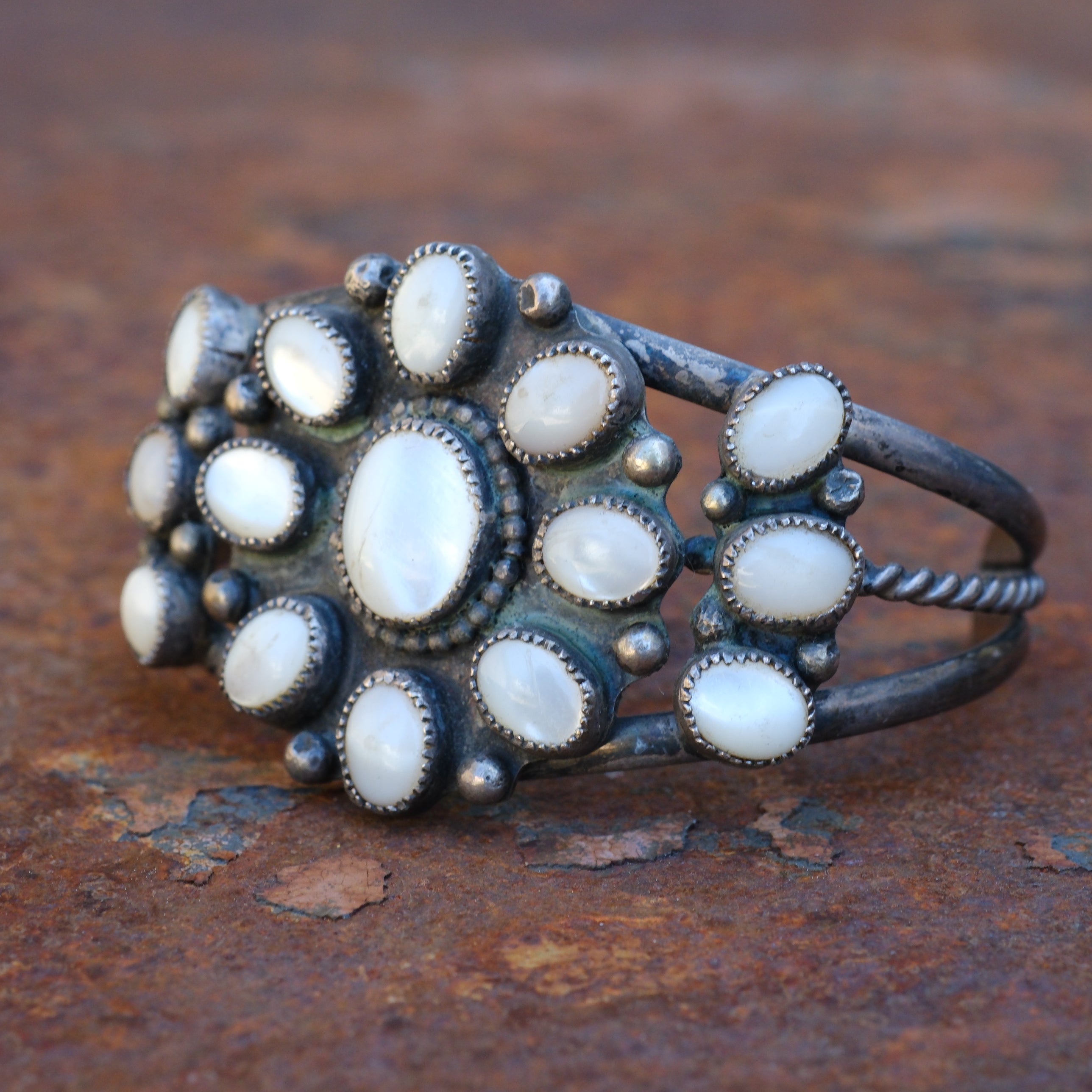 Vintage Sterling Mother Of Pearl Cluster Bracelet