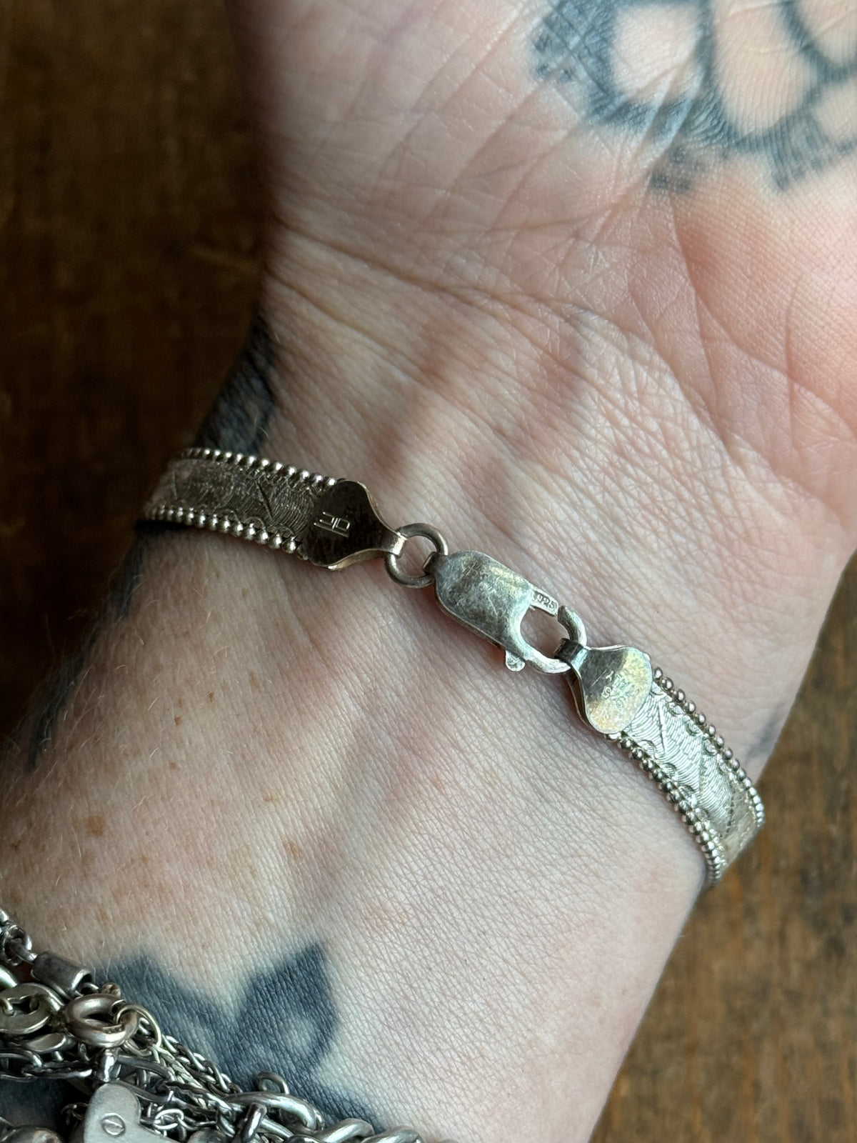 Vintage Sterling Silver Etched Herringbone Chain Bracelet