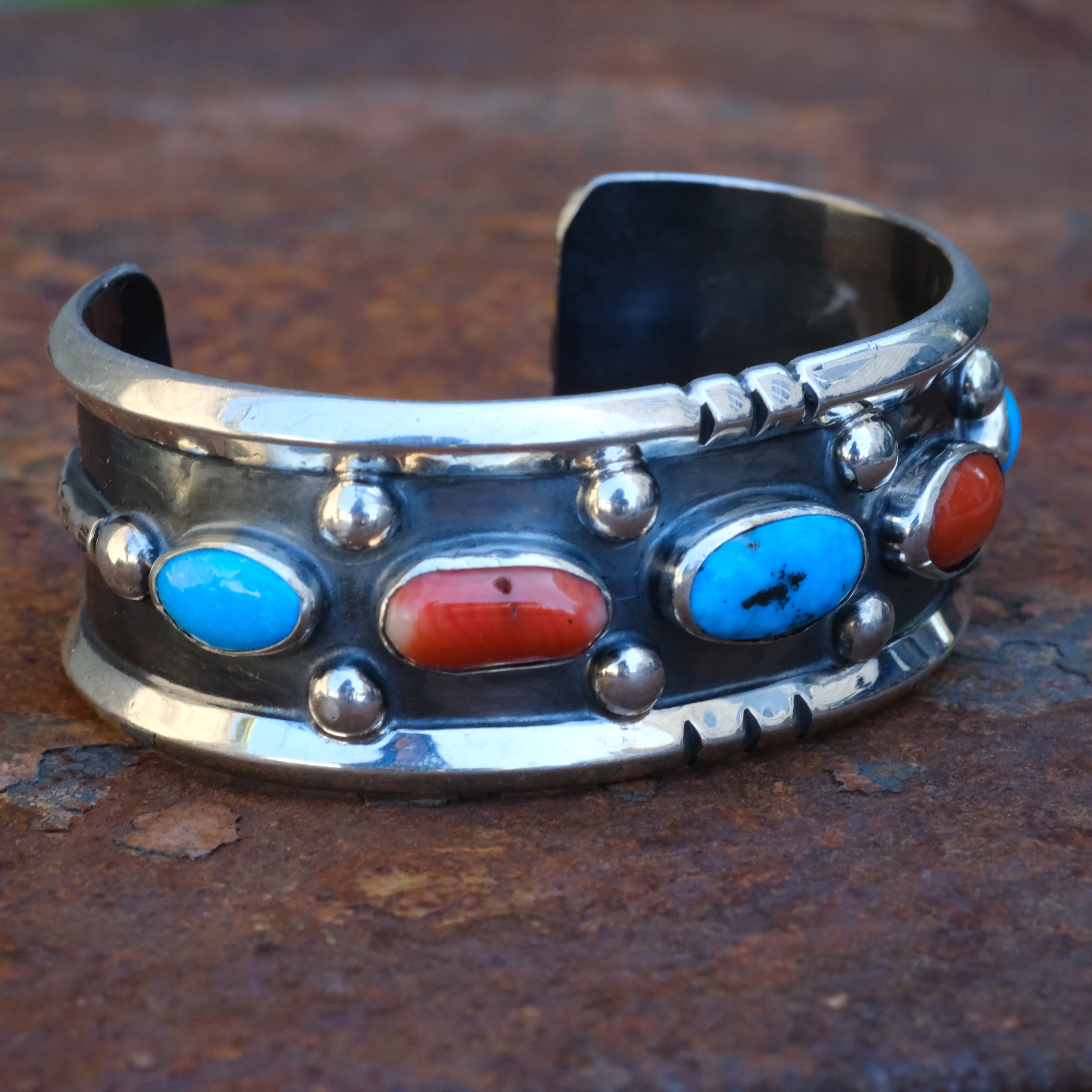 Vintage Sterling Turquoise and Coral Cuff Bracelet