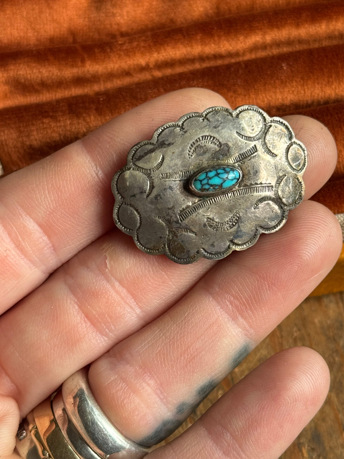 Vintage Sterling Silver Turquoise Stamped Concho Pin