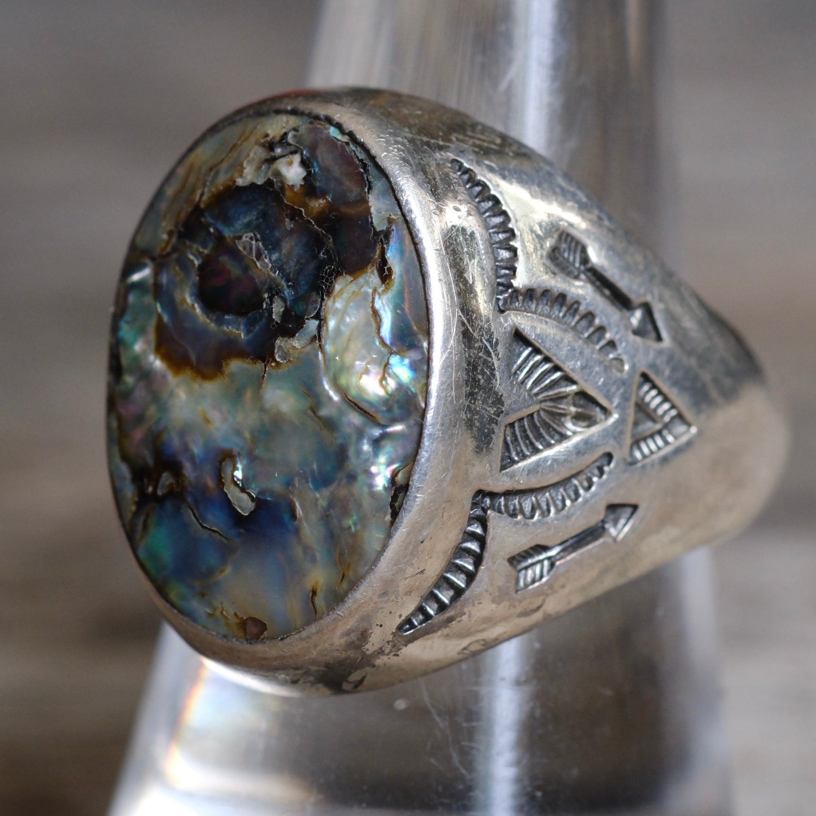 Vintage Sterling Abalone Stamped V Trading Post Ring 10