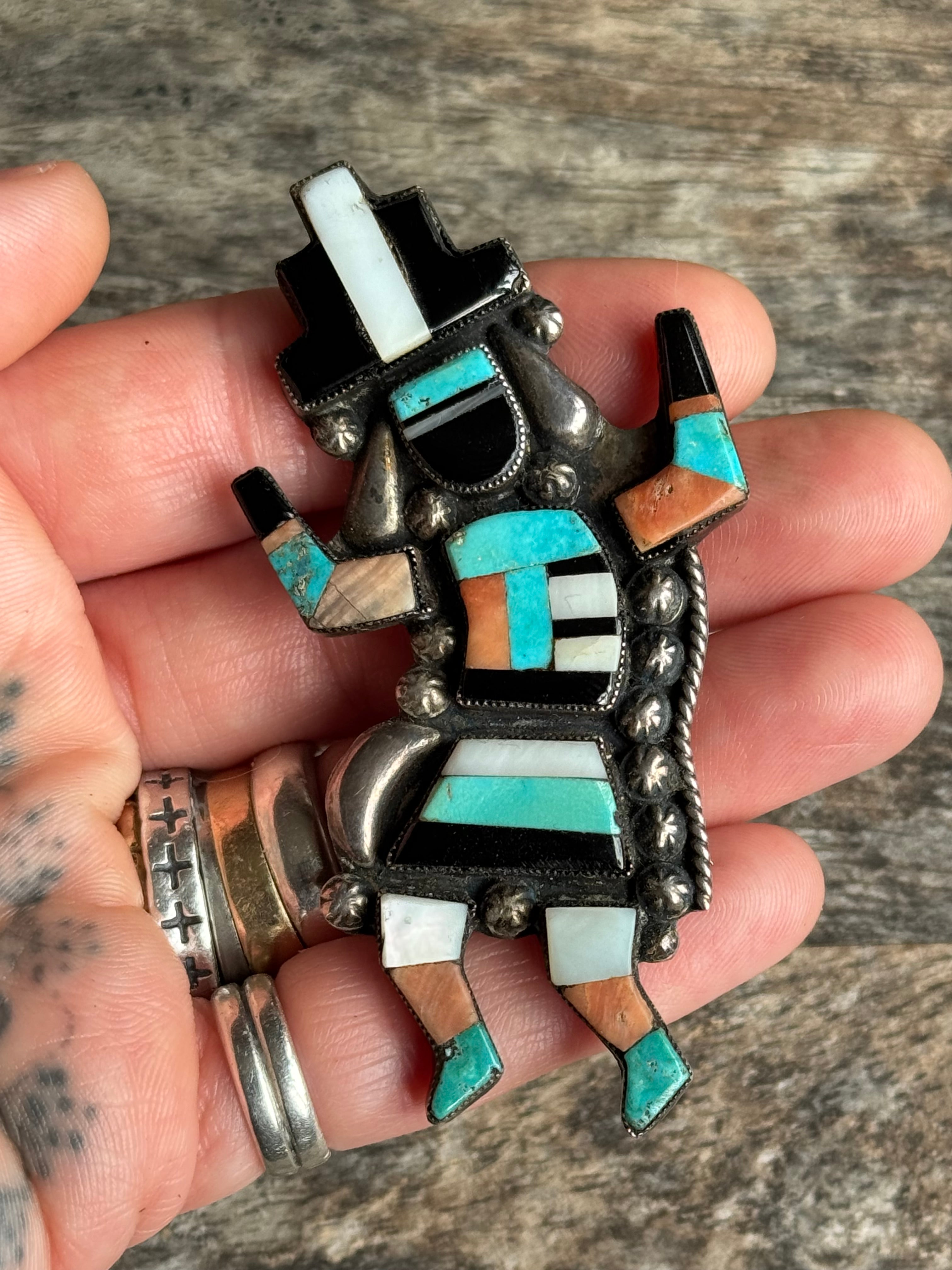 MASSIVE Vintage Sterling Silver Multistone Inlay Kachina Pin