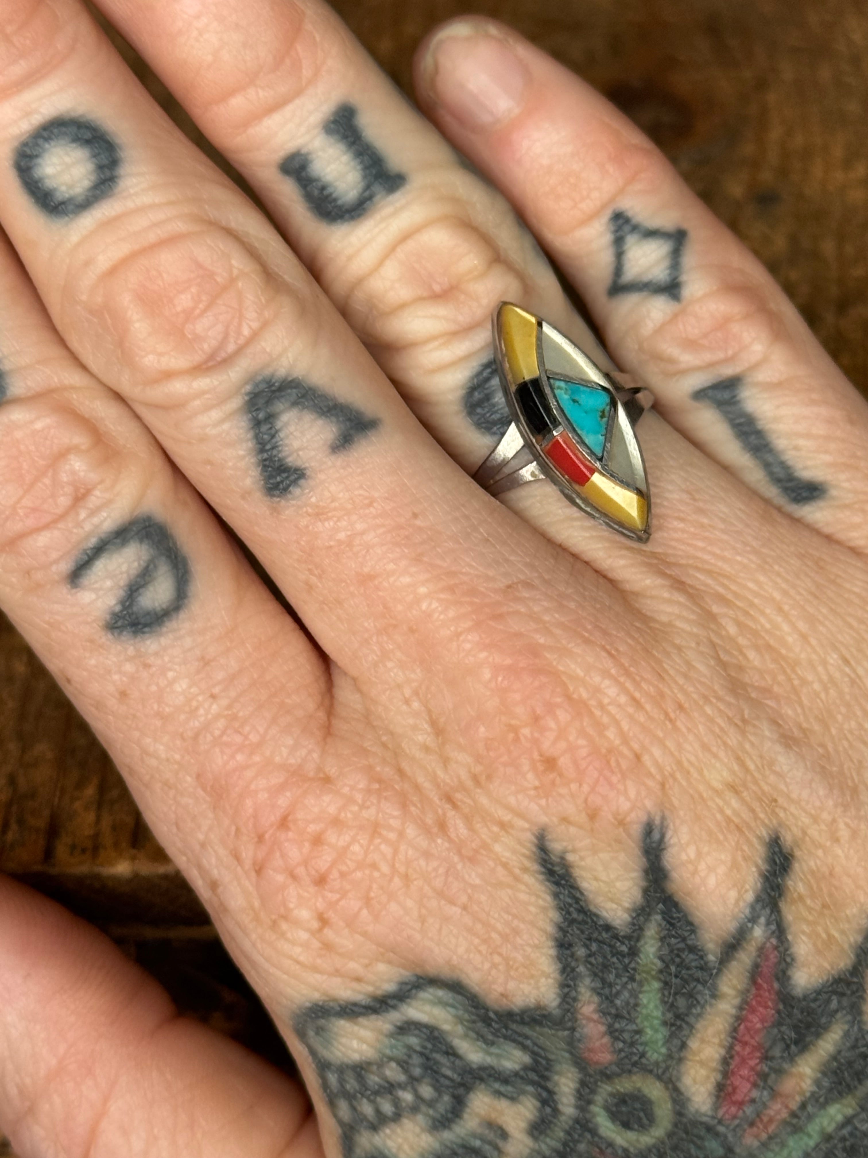 Vintage Sterling Silver Multistone Inlay Marquis Ring 5.75
