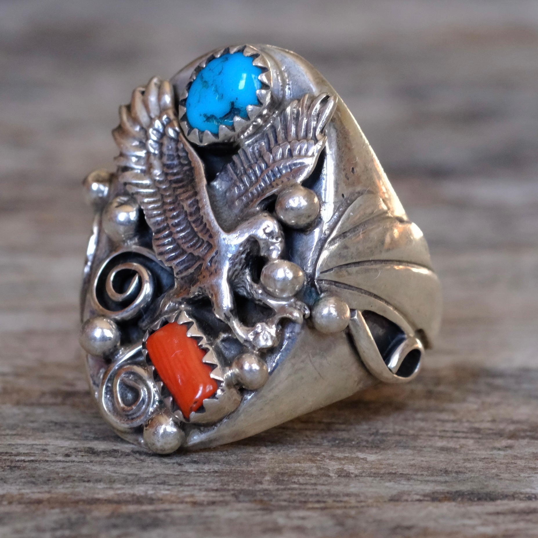 Vintage Sterling Turquoise and Coral Eagle Ring 9.5