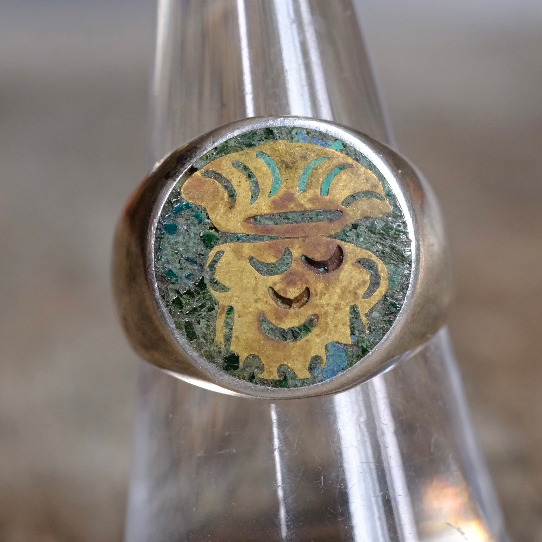 Vintage Sterling Turquoise Inlay Taxco Ring 8.25