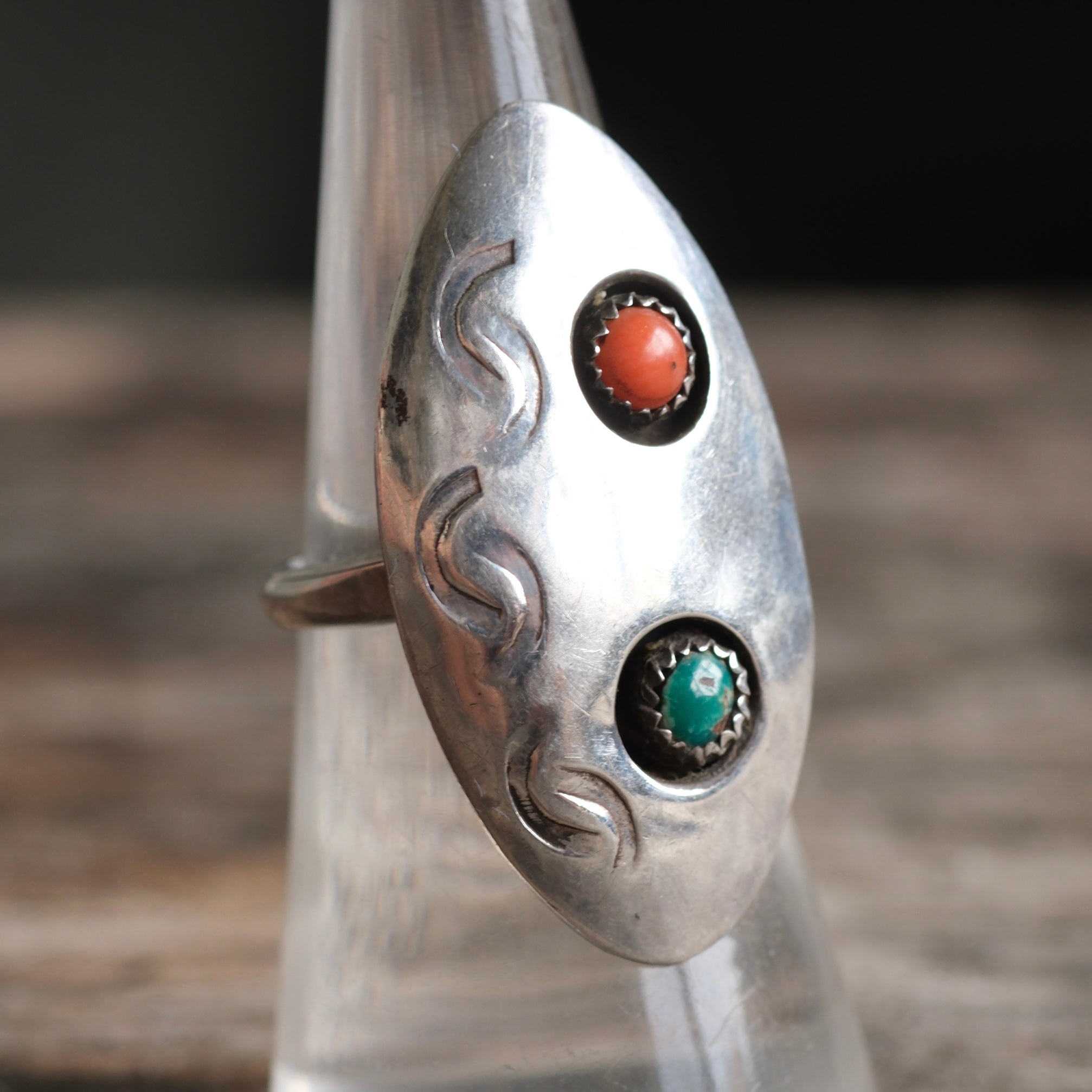 Vintage Sterling Turquoise and Coral Shadowbox Ring 6.75