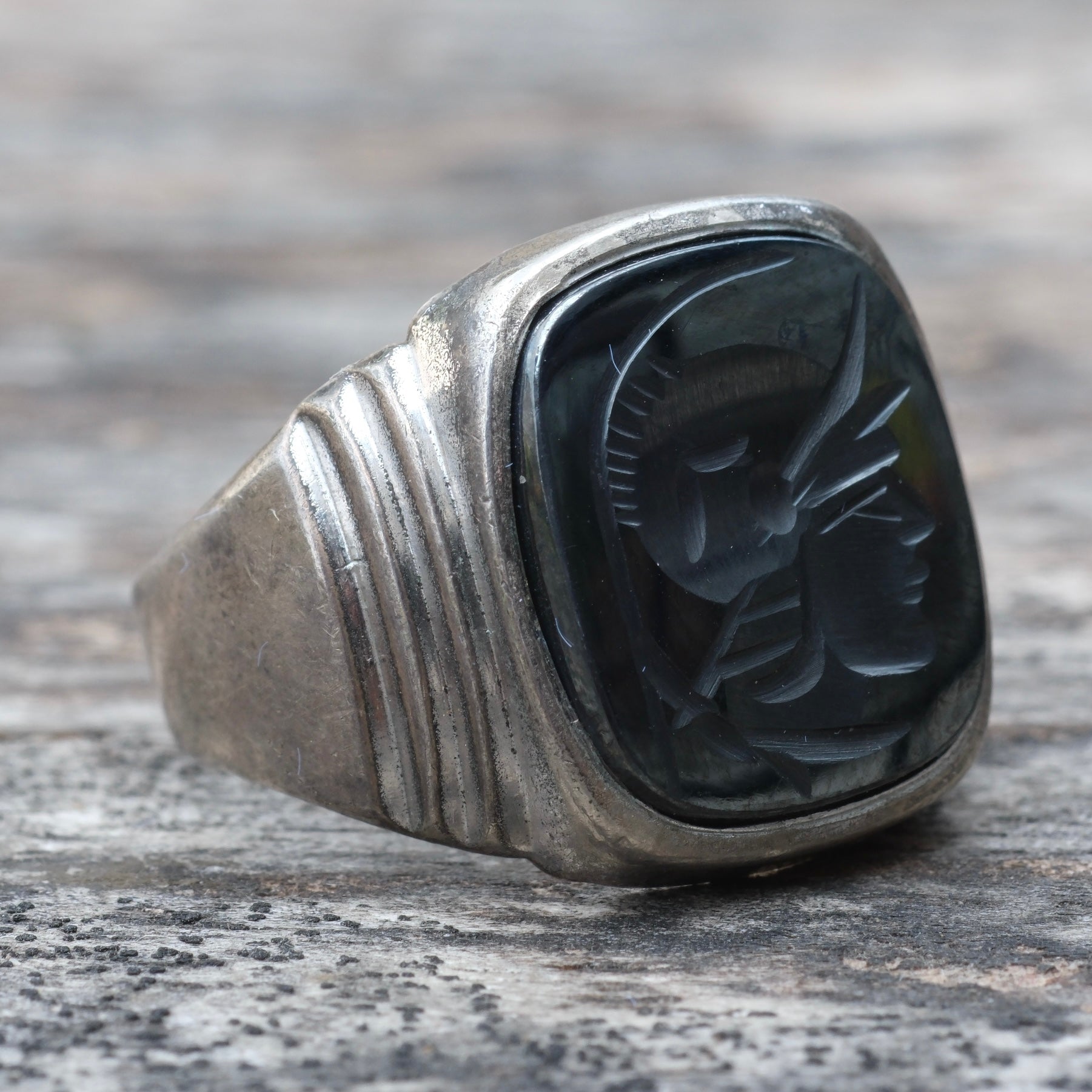 Vintage Sterling Hematite Centurion Signet Ring 7.75