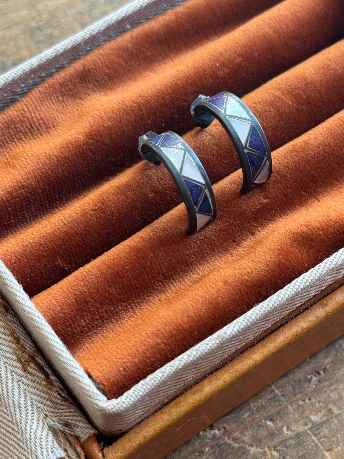 Vintage Sterling Silver Lapis & Mother Or Pearl Inlay Crescent Hoops