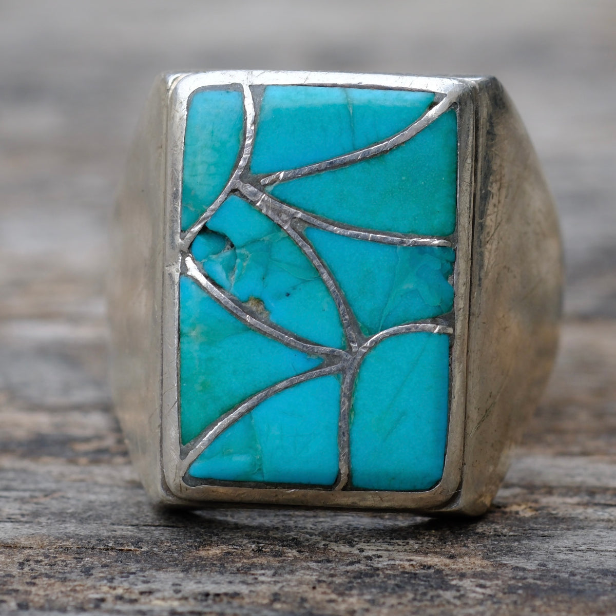Vintage Sterling Turquoise Fish Scale Inlay Ring 12