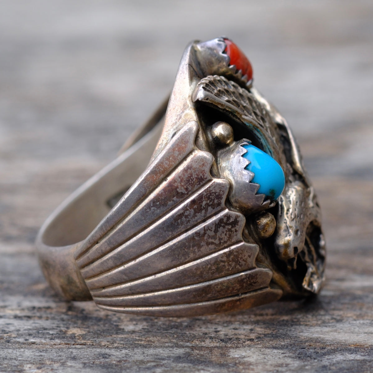 Vintage Sterling Turquoise and Coral Eagle Ring 10.75