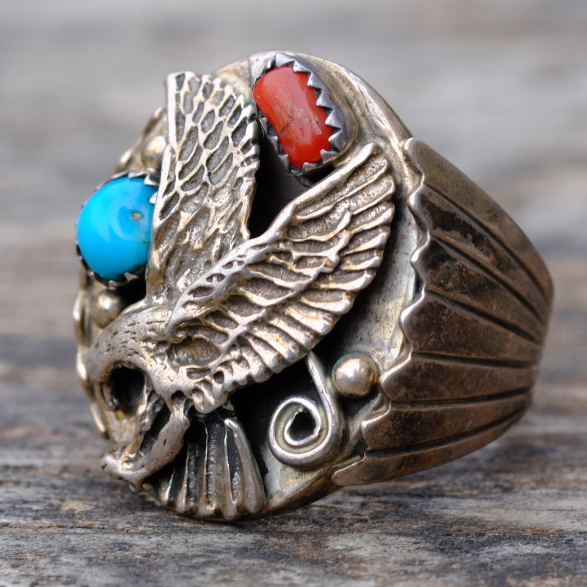 Vintage Sterling Turquoise and Coral Eagle Ring 10.75