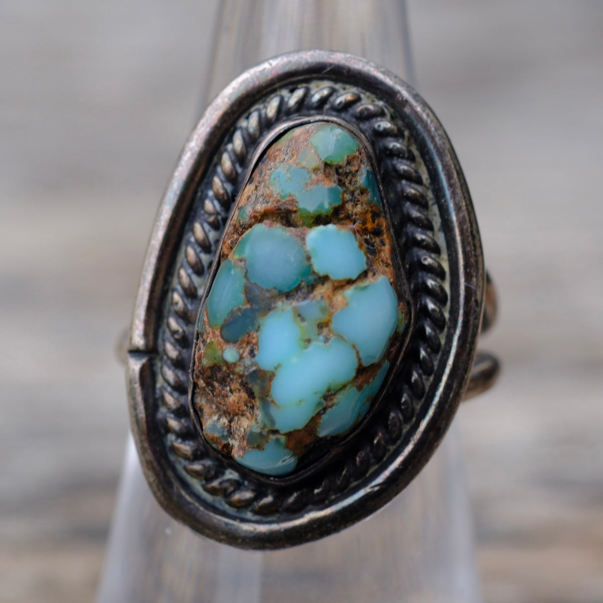 Vintage Sterling Rough Turquoise Roper Ring 7