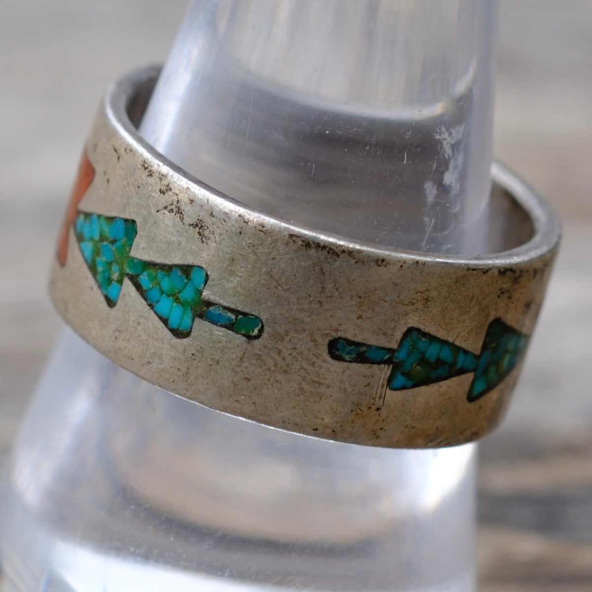 Vintage Sterling Turquoise and Coral Inlay Band 9.5