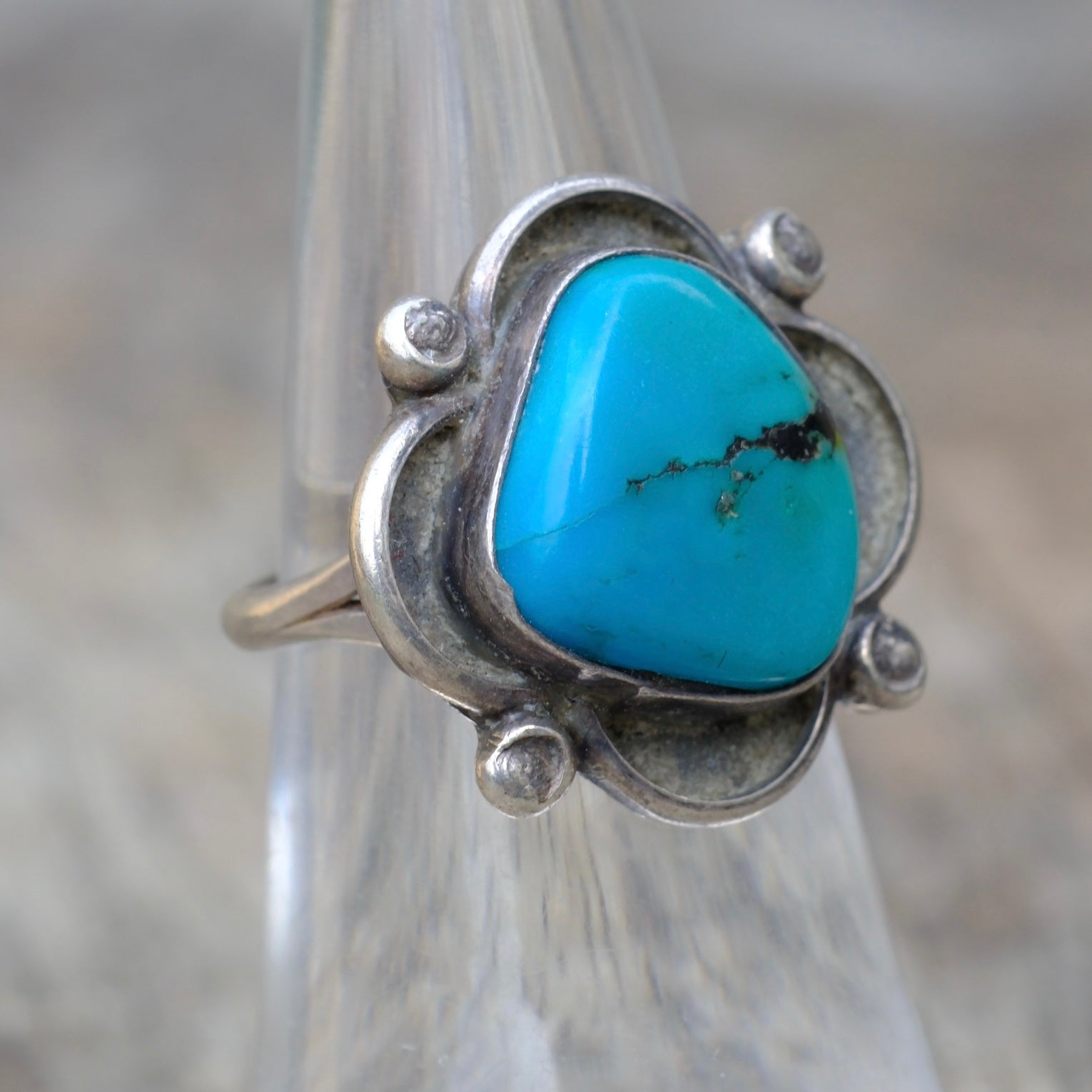 Vintage Sterling Turquoise Florette Ring 6