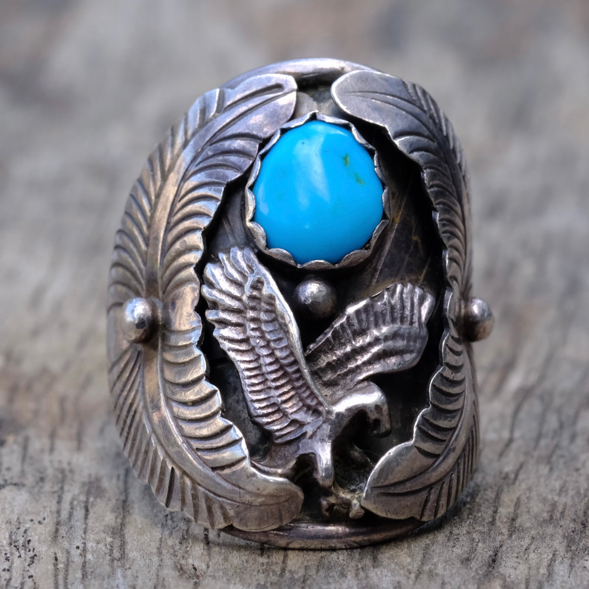Vintage Sterling Turquoise Eagle Ring 9.5
