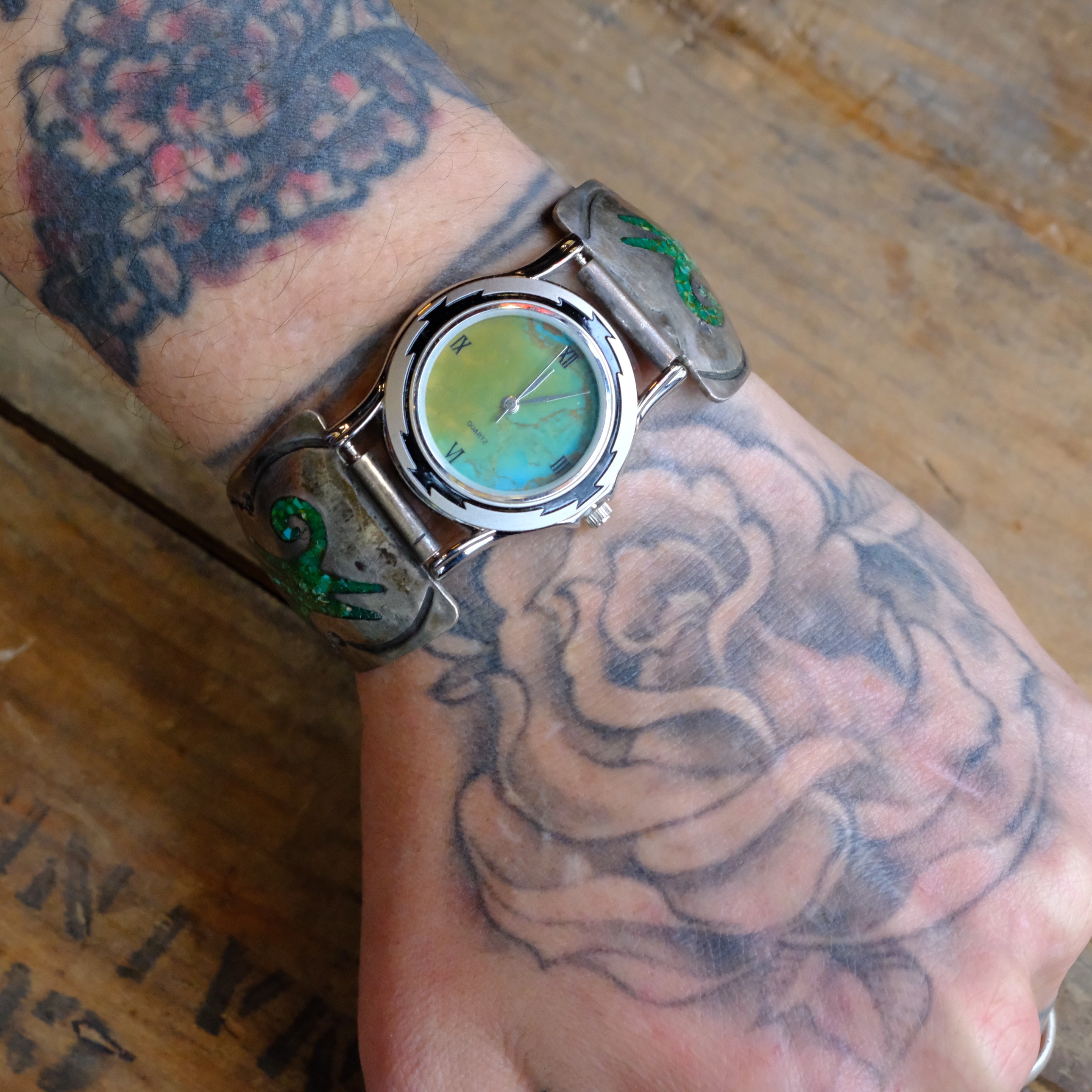 Vintage Sterling Crushed Turquoise Inlay Watch With Turquoise Dial