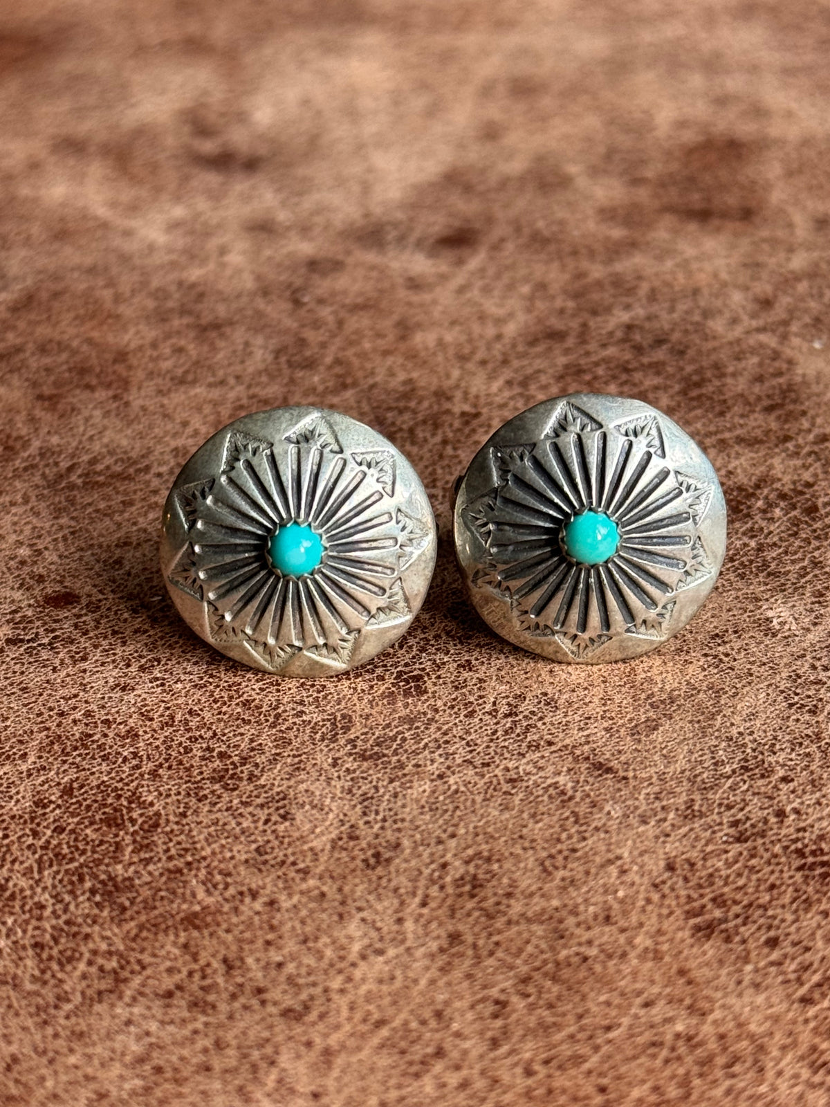 Vintage Sterling Silver Stamped Turquoise Concho Cufflinks.