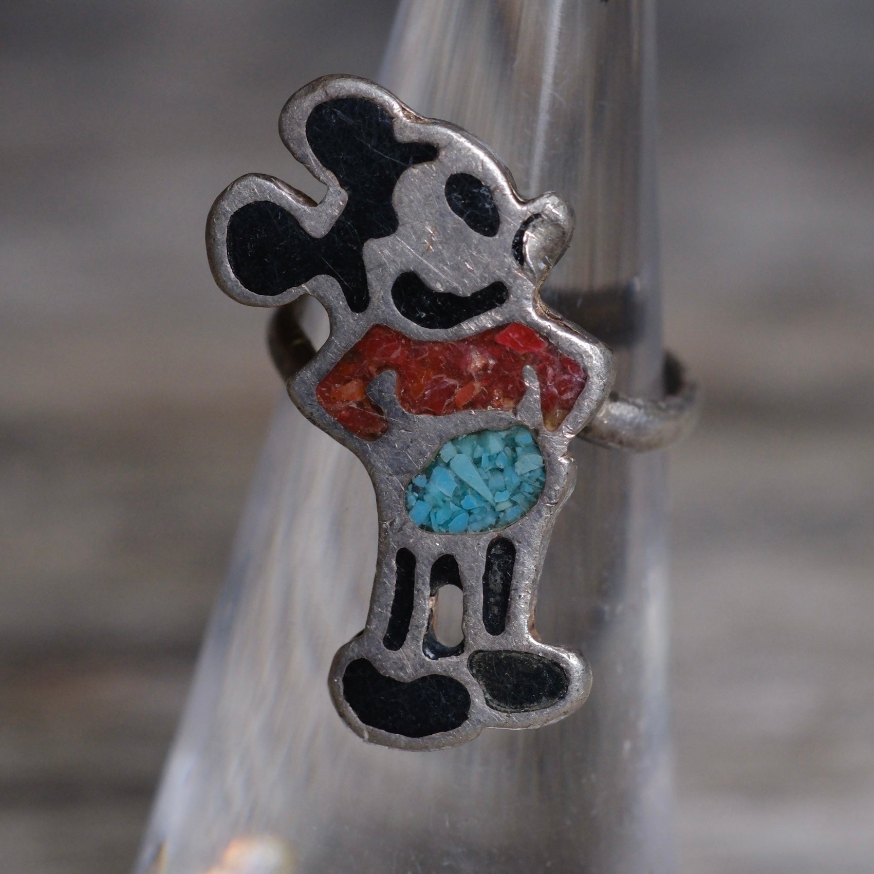 Vintage Sterling Multistone Inlay Mickey Ring 3.75