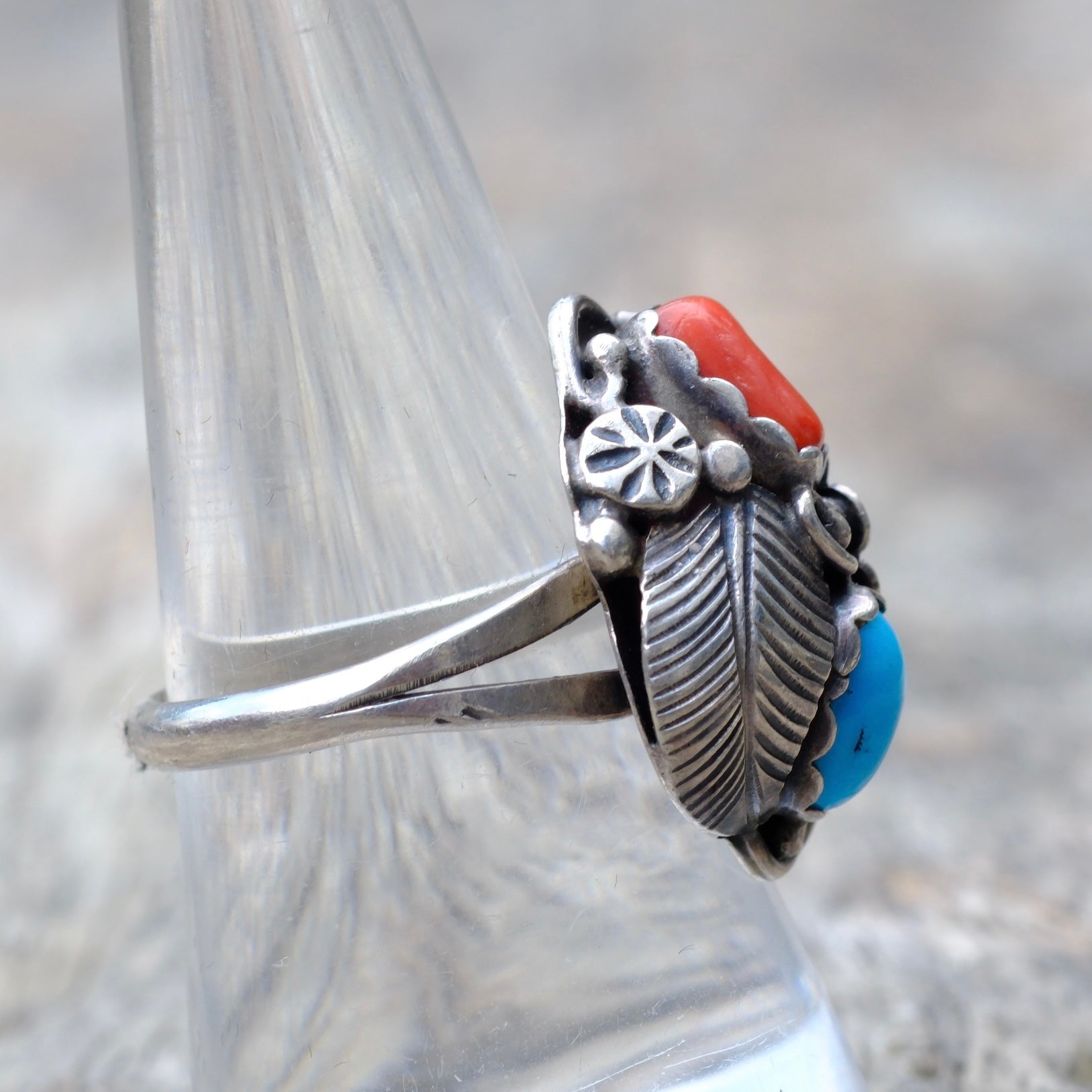 Vintage Sterling Silver Coral & Turquoise Flower Leaf Ring 8.5