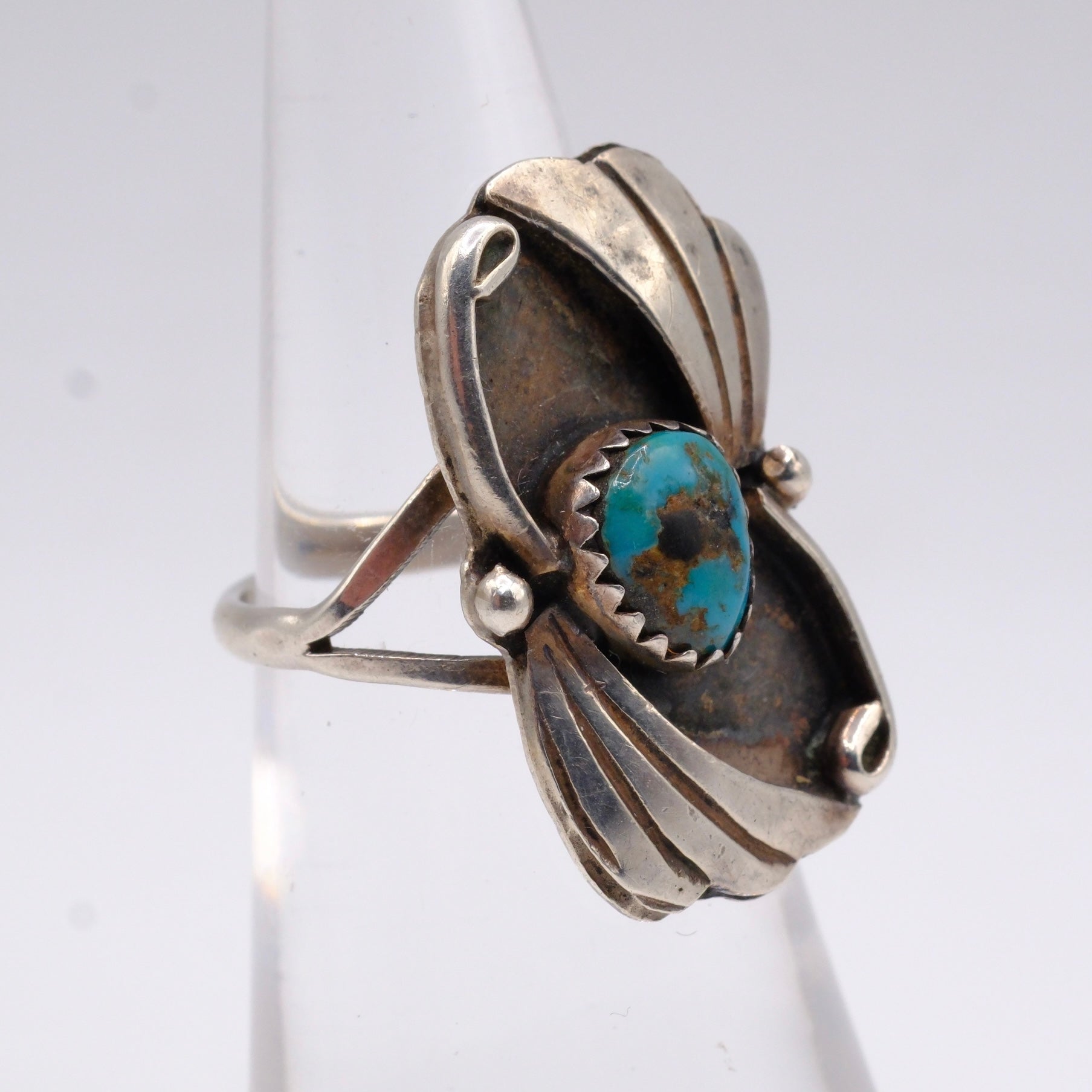 Vintage Sterling Turquoise Feather Ring 4.75