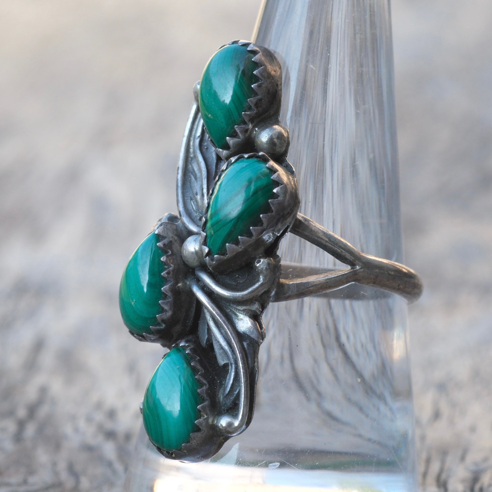 Vintage Sterling 4-Stone Malachite Ring 8.5
